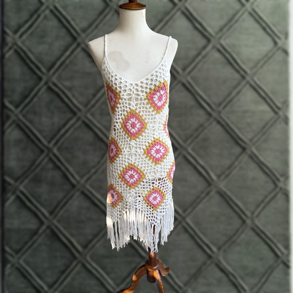Vintage Baevely Boho Style Dress Blouson Women M Cream Lace Crochet Tassel Summer Short Size M / US 6-8 / IT 42-44 - 1 Thumbnail