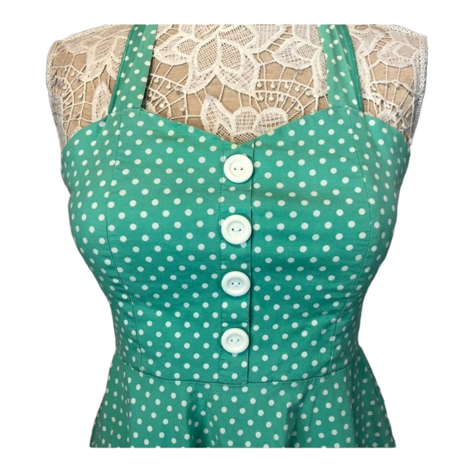 Vintage Sara U.S.A Vtg Retro Pin Up Halter Dress Green polkdot large Size L / US 10 / IT 46 - 5 Thumbnail