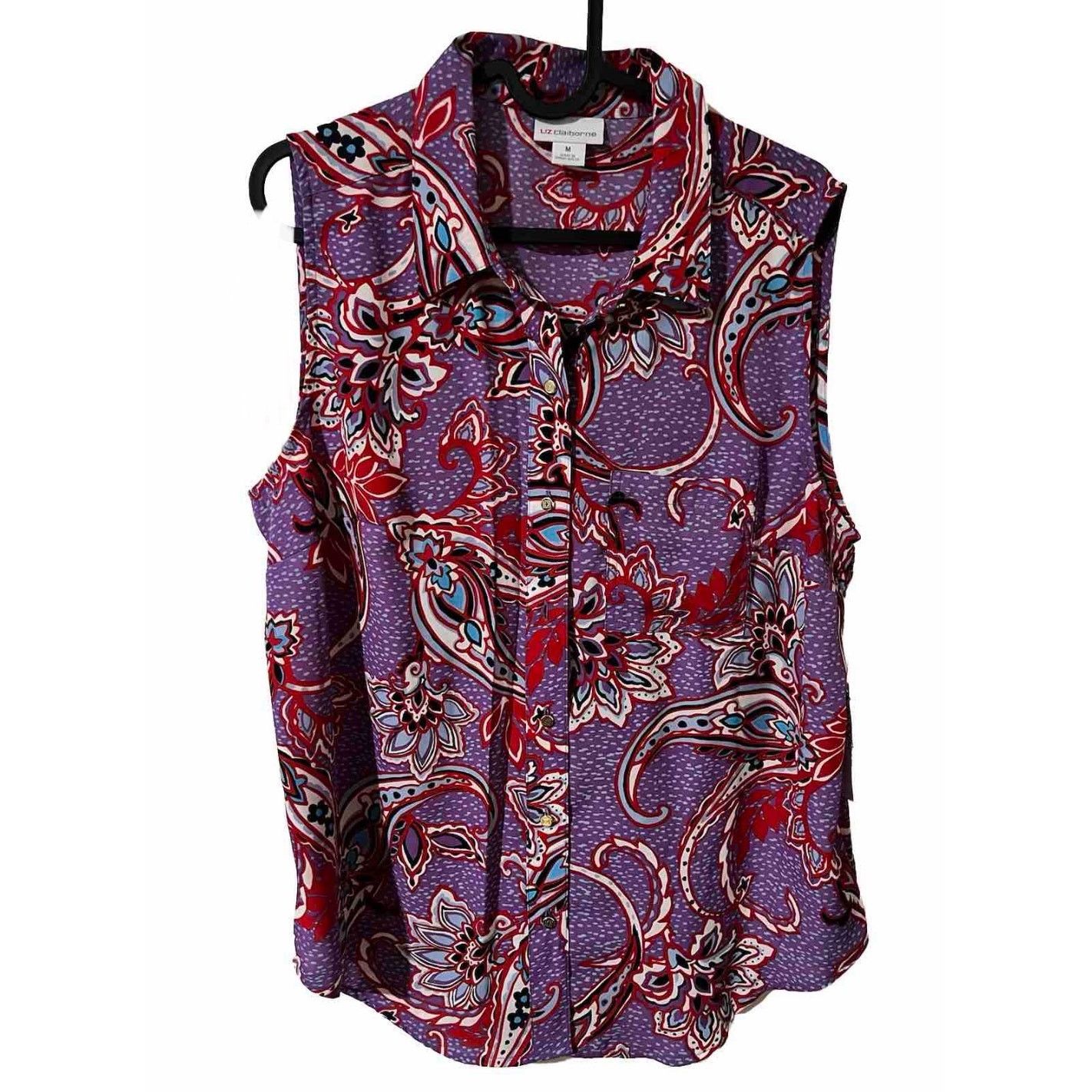 Liz Claiborne Sleeveless Blouse Purple Bloom Paisley Medium Top Pocket Size M / US 6-8 / IT 42-44 - 1 Thumbnail