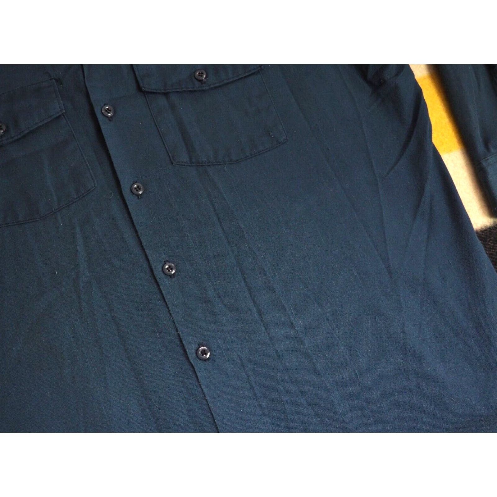 Dickies VINTAGE Dickies Dark Blue Distress Grunge L/S Pocket Shirt XL 1980s USA Button-Front Mens/Unisex Shirt Size US XL / EU 56 / 4 - 7 Thumbnail
