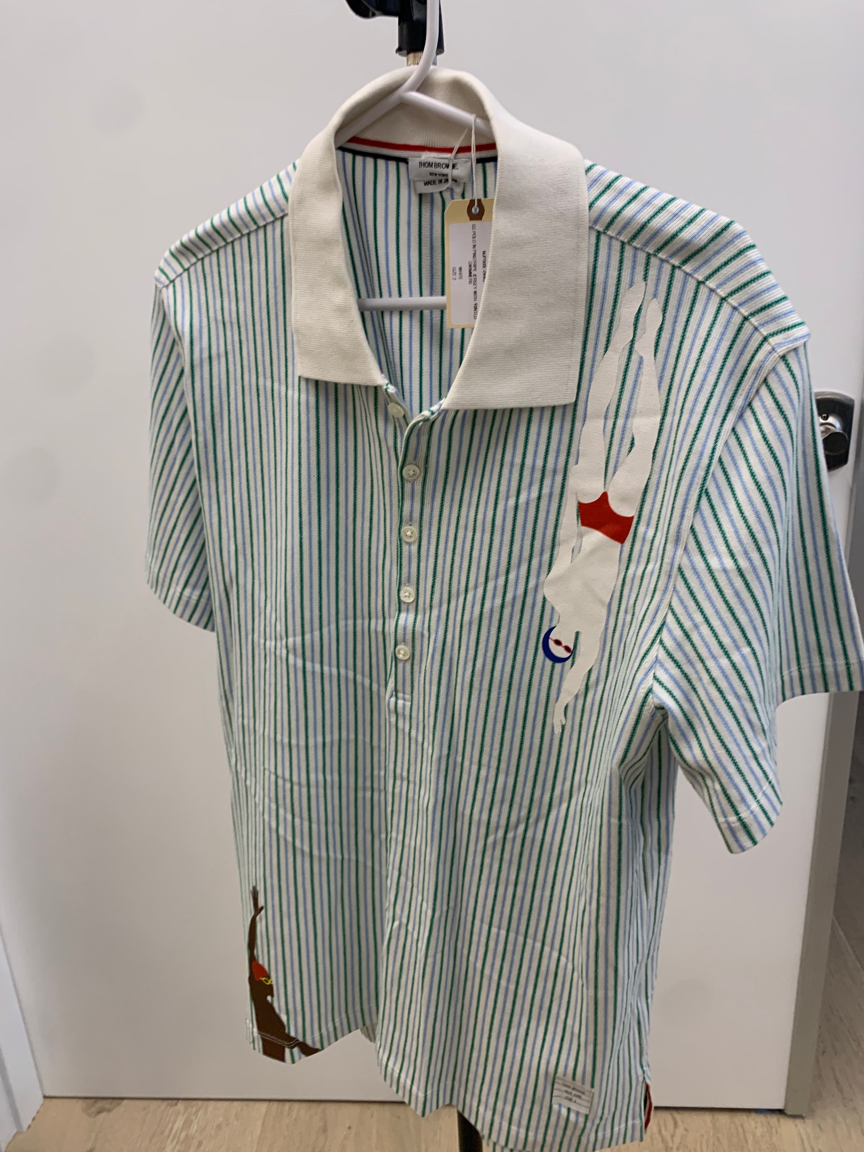 Pre-owned Thom Browne Polo In Pinstripe Jersey With Printed Swimmers In White Green Blue