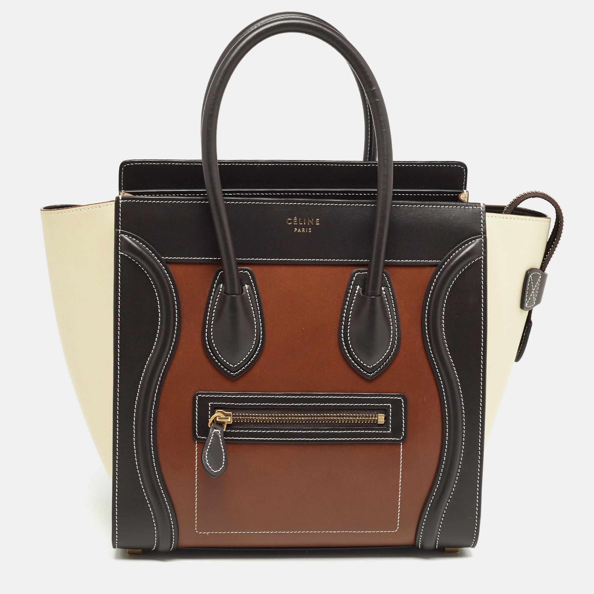 image of Celine Tricolor Leather Micro Luggage Tote in Black, Women's