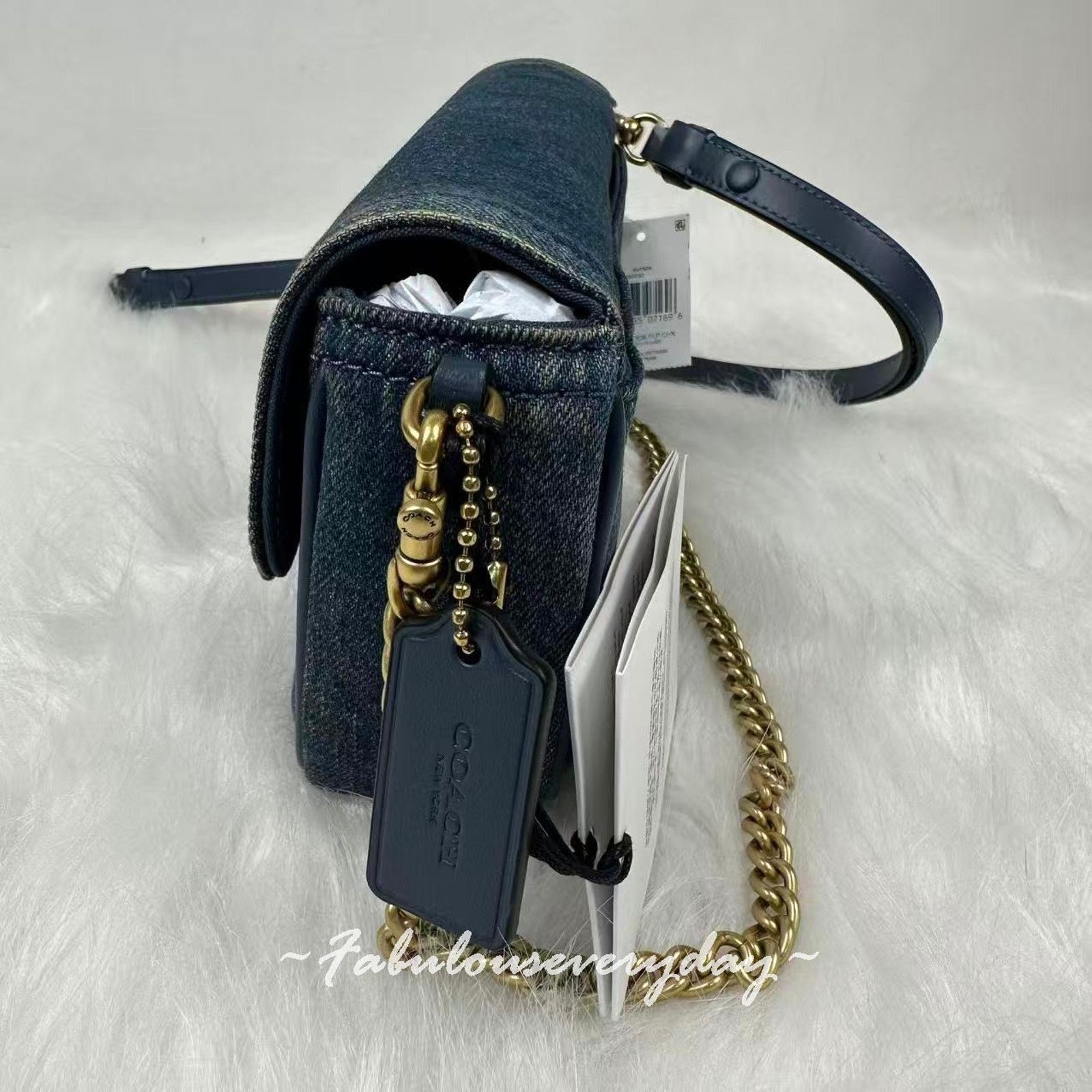Coach Coach Brook Flap Chain In Loved Denim Shoulder Bag Gold/Blue Size ONE SIZE - 3 Thumbnail