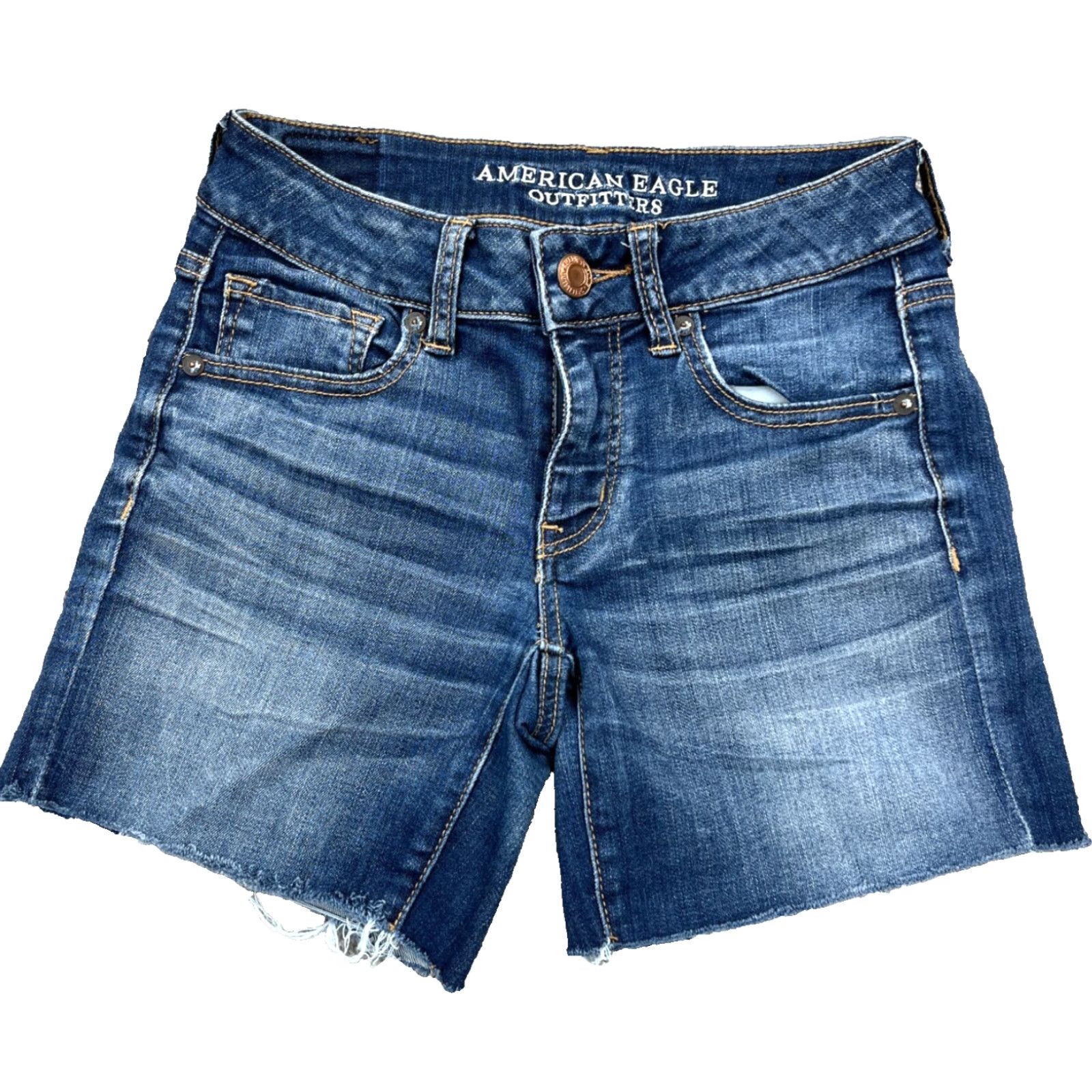 American Eagle Outfitters VINTAGE American Eagle Outfitters Shorts Women 2 Midi Cut Off Dark Wash Frayed AEO F21 Size 26" / US 2 / IT 38 - 2 Thumbnail