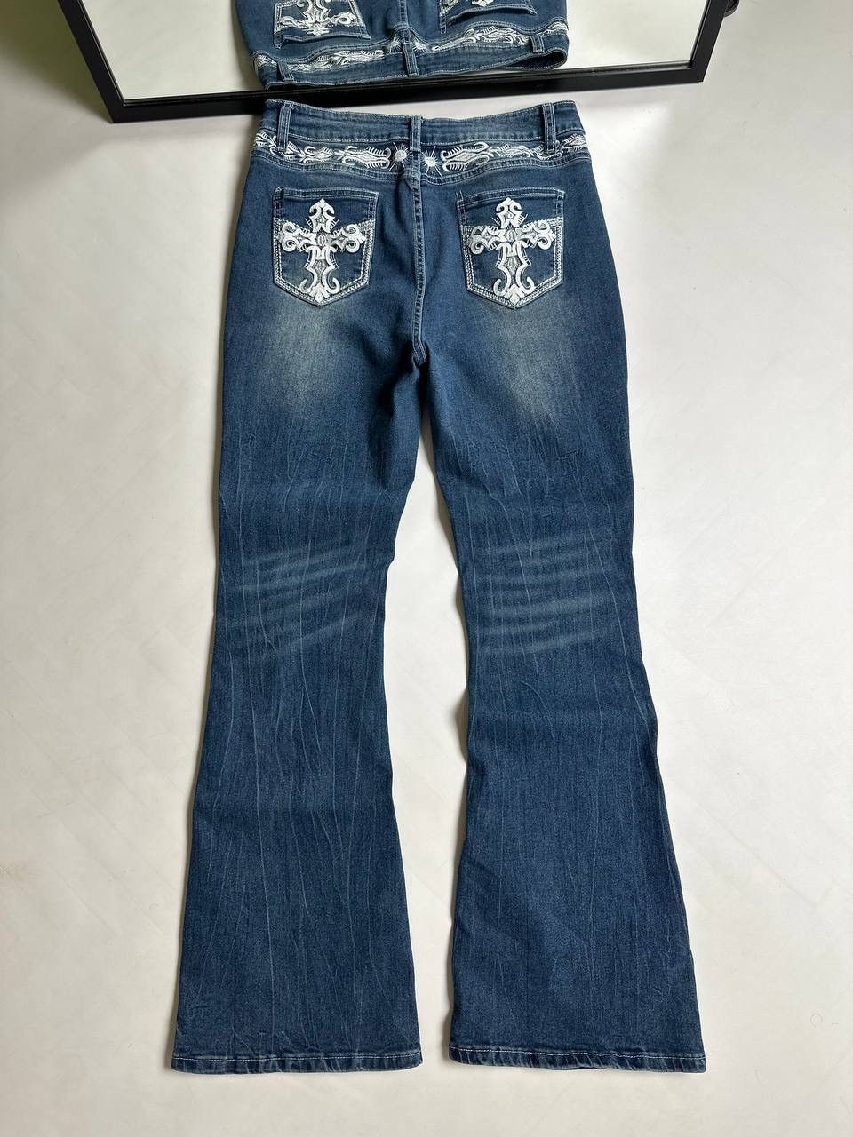 Japanese Brand Vintage Gothic Flared Womens Jeans With Leather Details Y2K Size 30" / US 8 / IT 44 - 1 Thumbnail