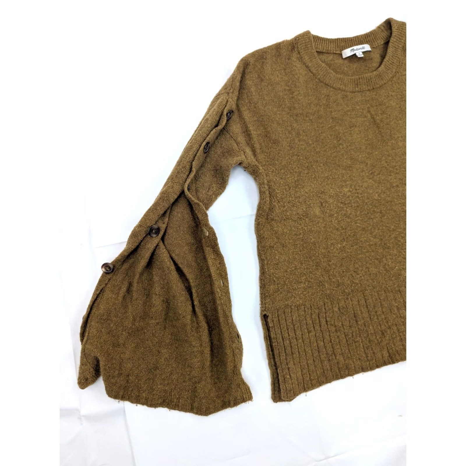 Madewell Madewell Sweater Women S Wool Blend Crew Neck Button Sleeve Golden Tan / Camel Brown Cable Knit Size S / US 4 / IT 40 - 6 Thumbnail
