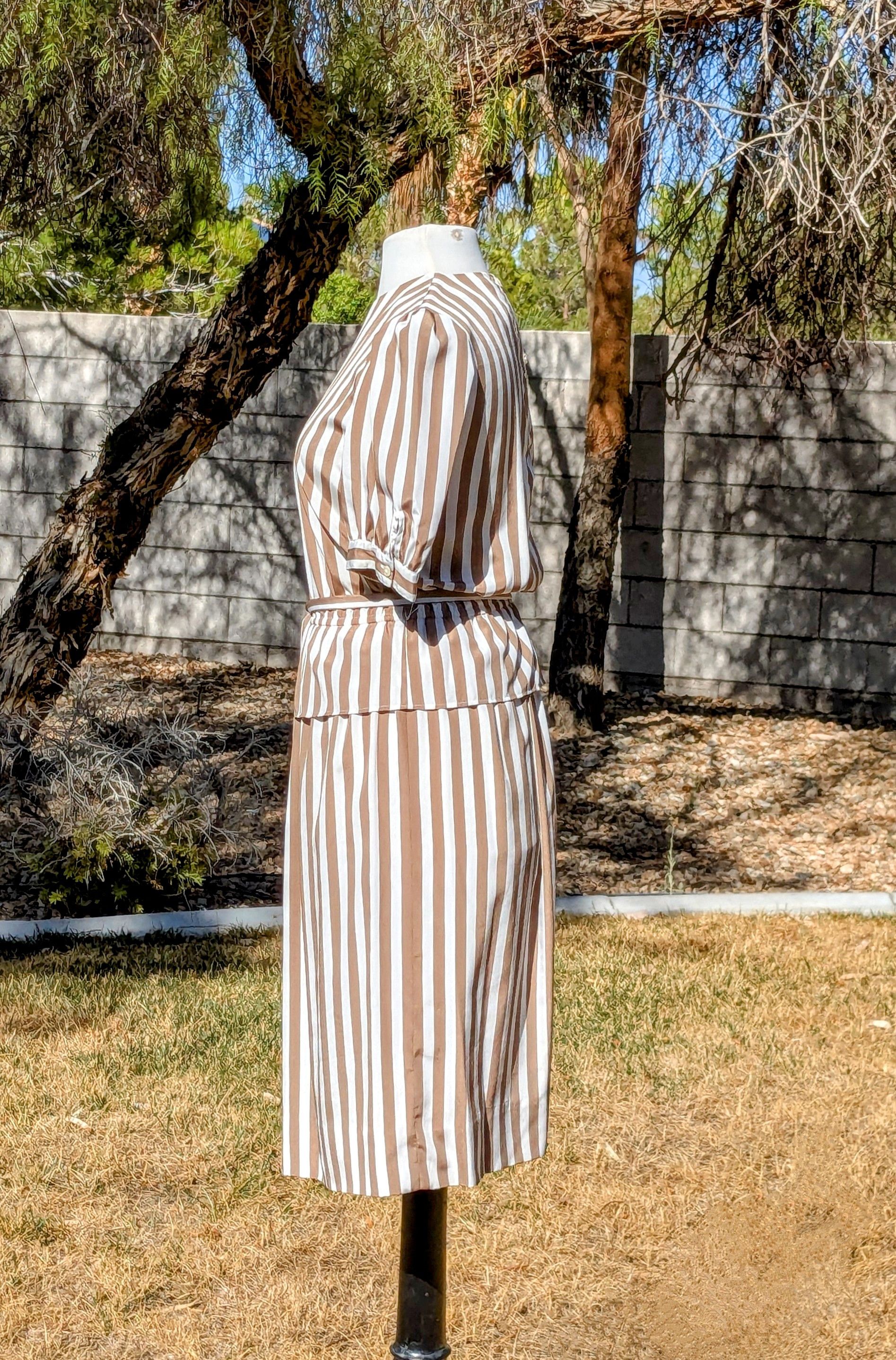 Vintage Compositions Brown Striped S/S Flowy Belt Fit & Flare Dress Size M / US 6-8 / IT 42-44 - 2 Thumbnail