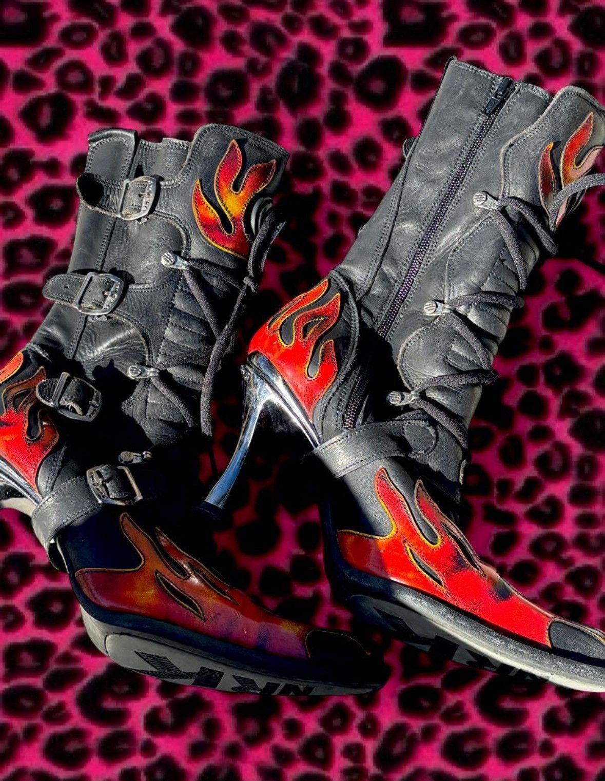 Vintage Early 2000’s New Rock Flame Chrome Stiletto Boots in Black, Women's (Size 7.5) — image 3 of 6