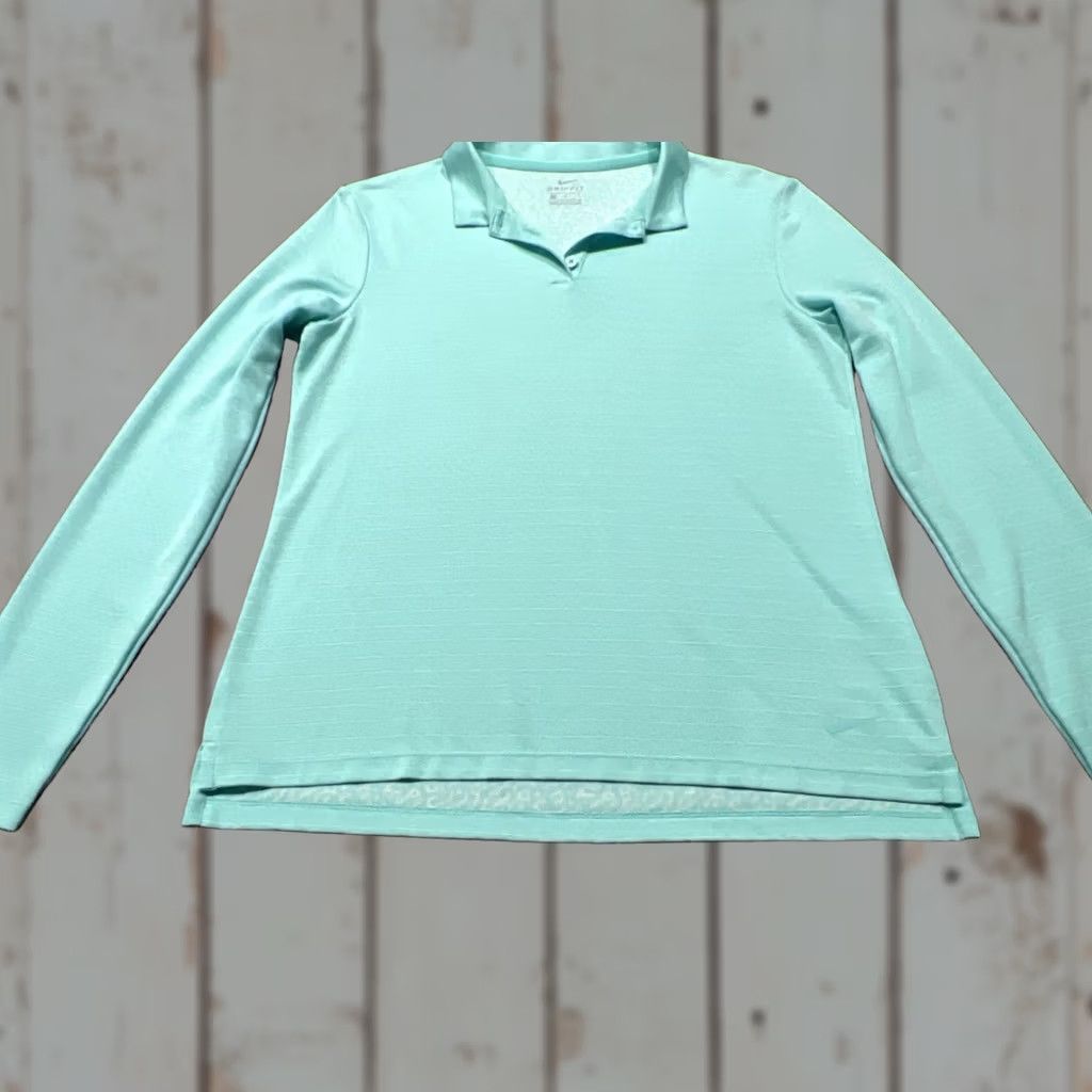 Nike Nike Dri-FIT Polo Shirt Womens M Aqua Green Stripe Long Sleeve Golf Shirt Size M / US 6-8 / IT 42-44 - 1 Thumbnail