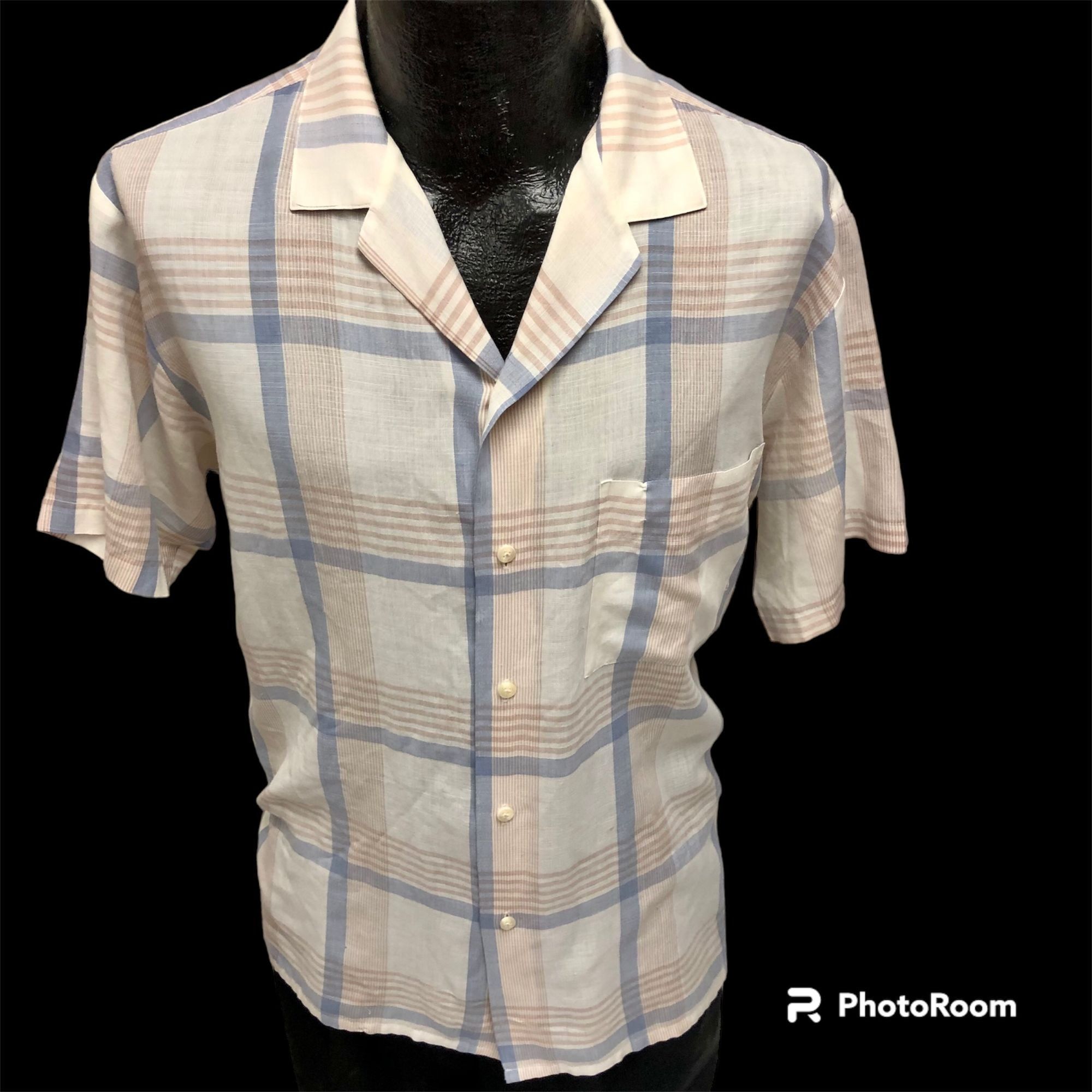Vintage 80's Knights Bridge Men White Blue SHADOW PLAID MoD