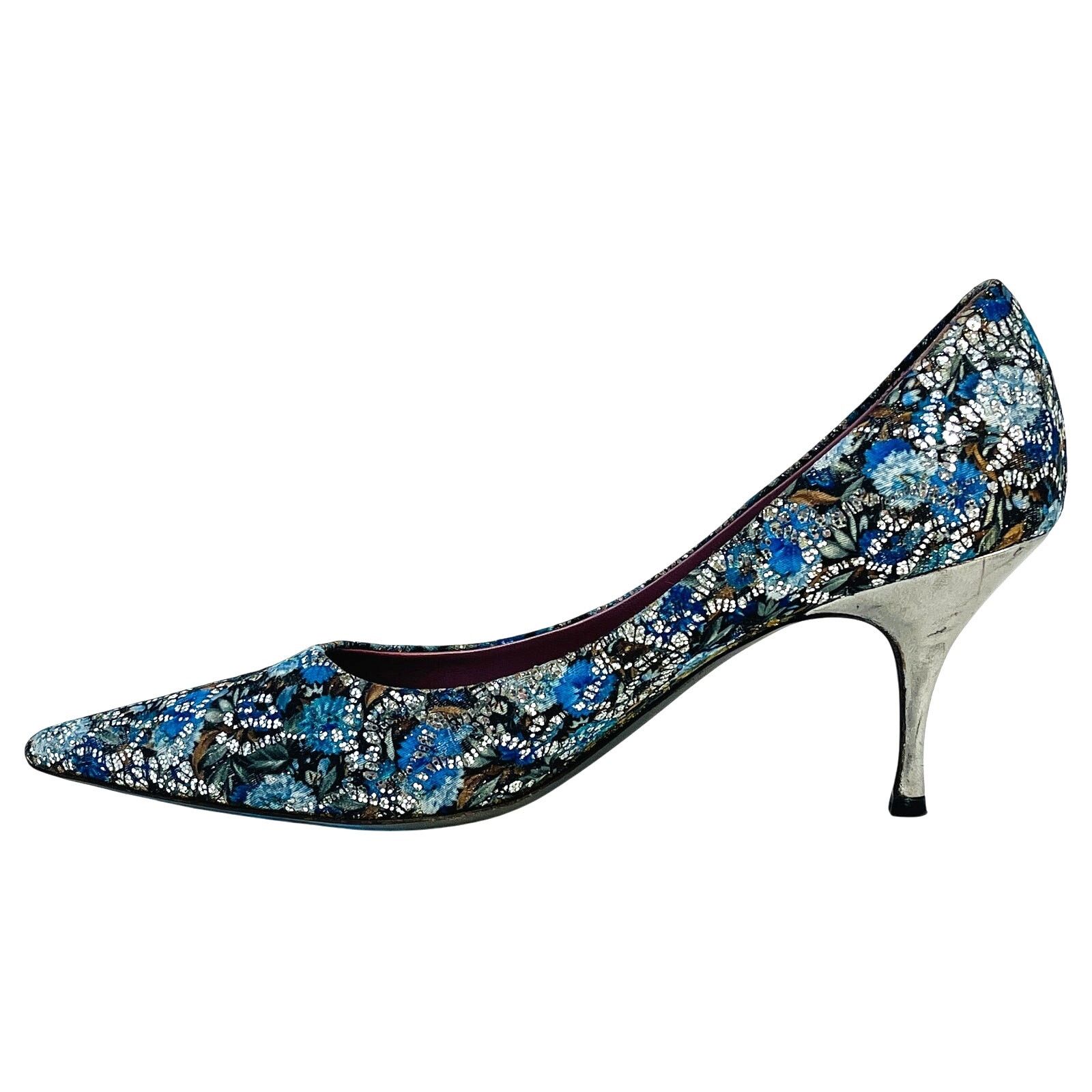 CAZABAT Jean-Michel Cazabat Blue Silver Brocade Heels US 8 EU 38.5 Size US 8 / IT 38 - 3 Thumbnail