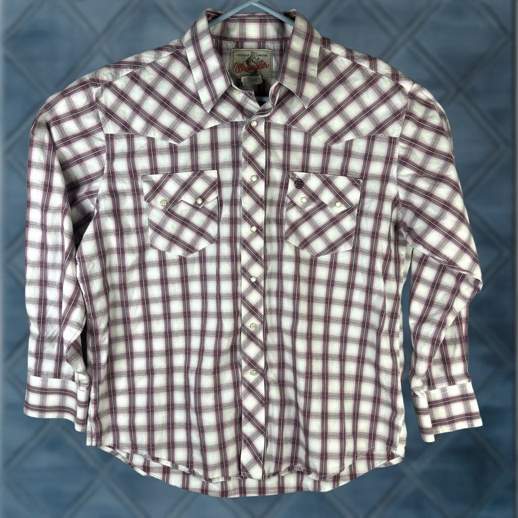 Wrangler VINTAGE Wrangler Western Shirt Mens Large Purple White Plaid Pearl Snap Long Sleeve Size US L / EU 52-54 / 3 - 1 Thumbnail