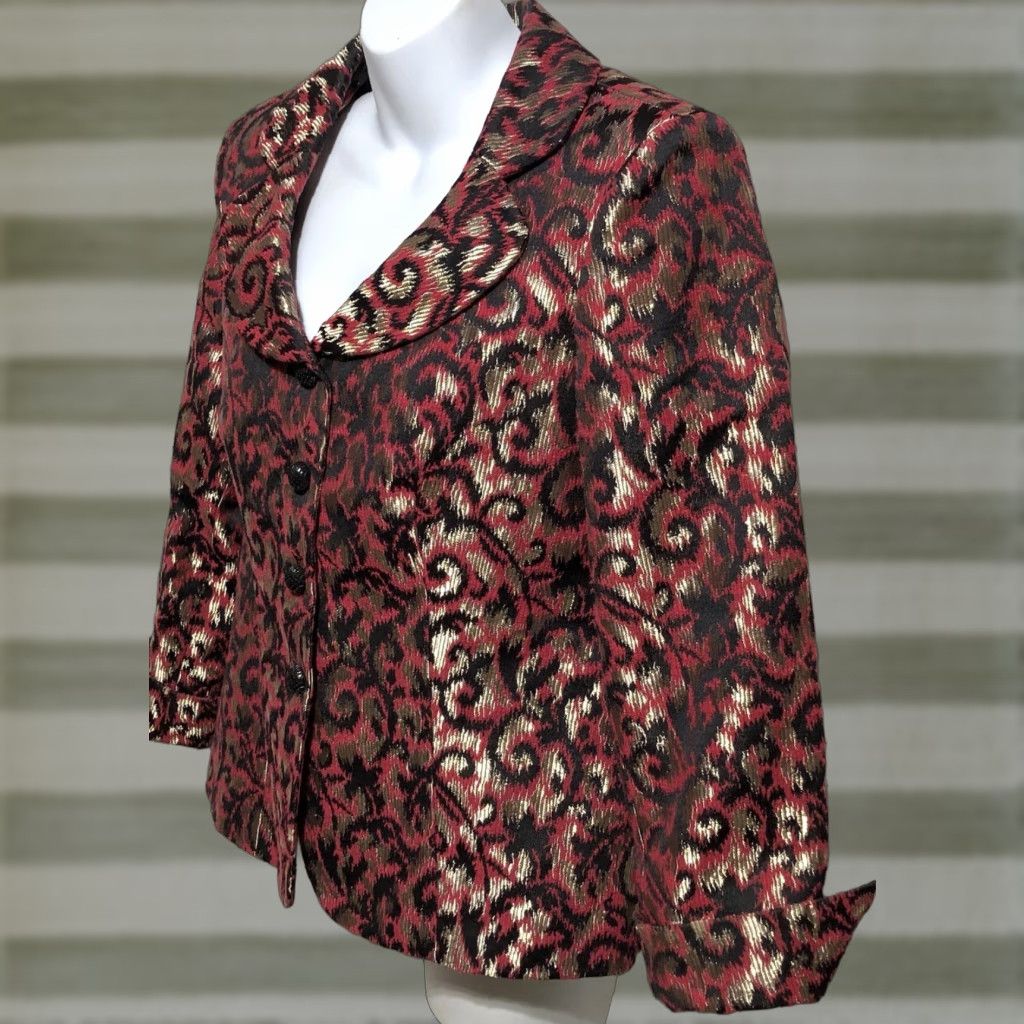 Kasper Kasper Brocade Jacket Blazer 12P Red Geometric Cropped Four-Button Jewel Button Size XL / US 12-14 / IT 48-50 - 1 Thumbnail