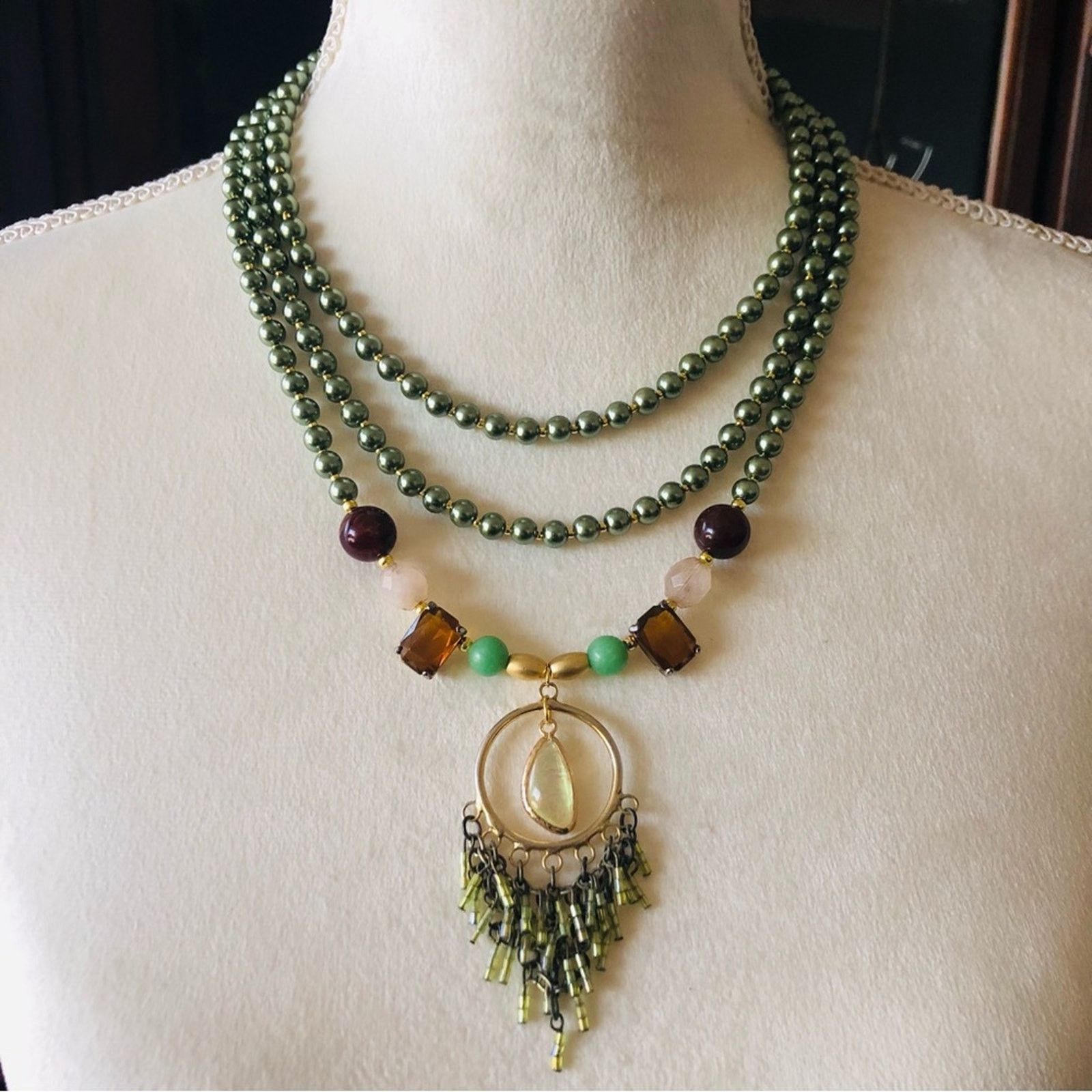Handmade Handcrafted repurpose opal fringe Czech glass Pearl necklace Size ONE SIZE - 2 Thumbnail