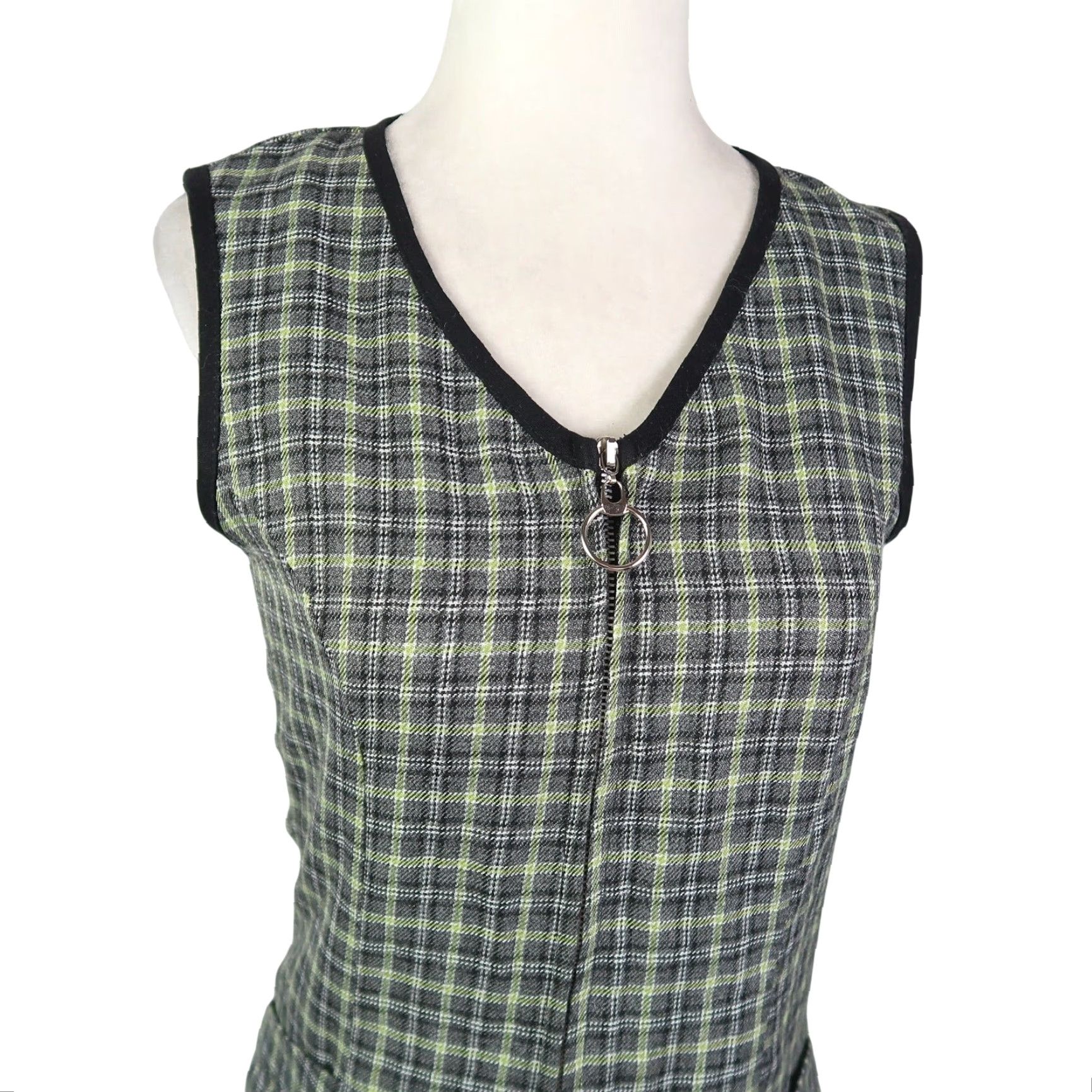 VINTAGE 90s Exact Change Green and Black Plaid Zip Front Mini Jumper Dress  S Sleeveless Womens