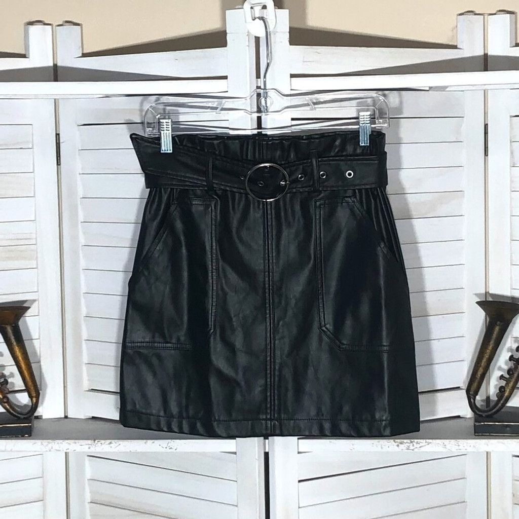 Vintage black mini skirt Y2K vegan leather belted with pockets Sz S Size 28" / US 6 / IT 42 - 1 Thumbnail