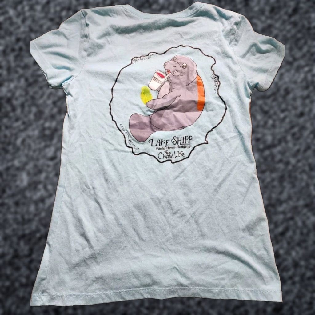 Vintage Women's Blue V Neck T Shirt Winter Haven FL Manatees Funny Design Short Sleeve L Size L / US 10 / IT 46 - 1 Thumbnail