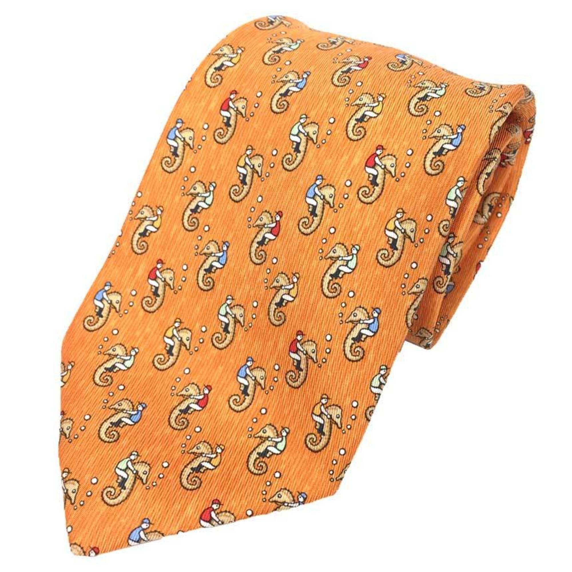 image of Hermes Tie Seahorse Silk Orange Men's