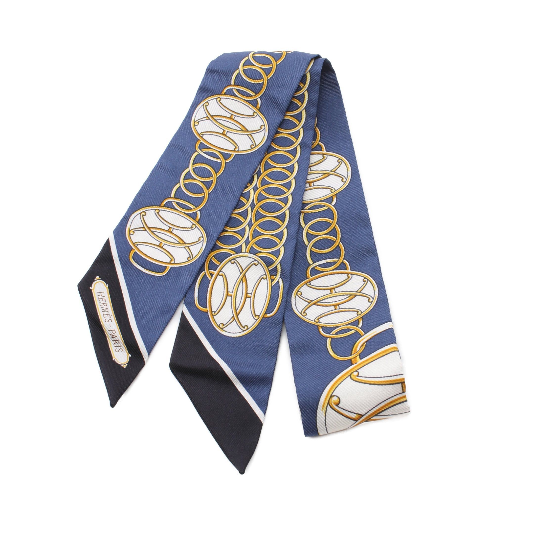 Hermes Twilly Lift Profile Ribbon Scarf Silk Dark Blue Multicolor