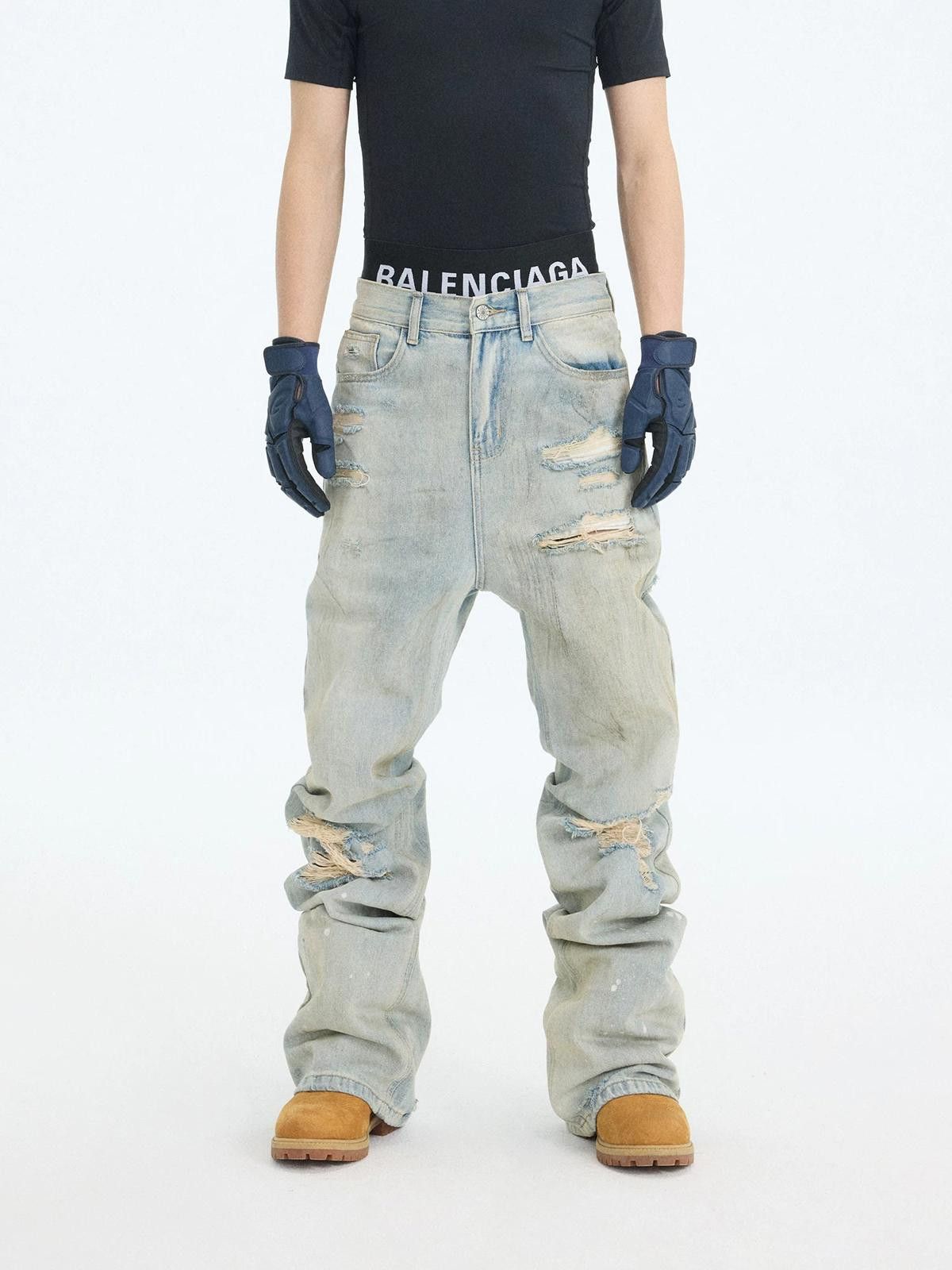Jean Dirty Wash Ink-Splash Slim Micro-Flare Stacked Denim Jeans Size US 32 / EU 48 - 1 Thumbnail