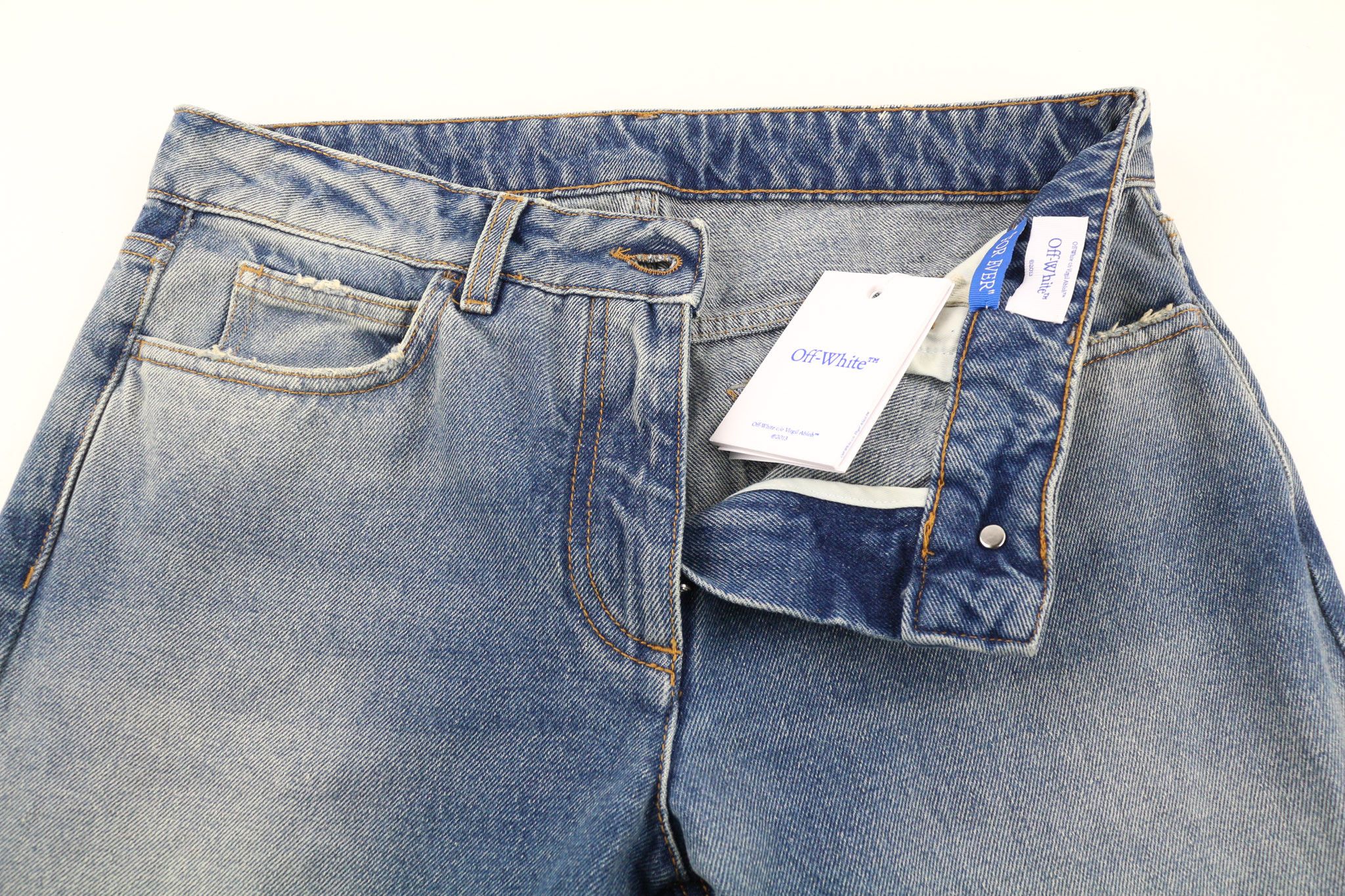 Off-White W29 Slim Flared Washed Zipped Cotton Blue 80243 Size 29" - 5 Thumbnail