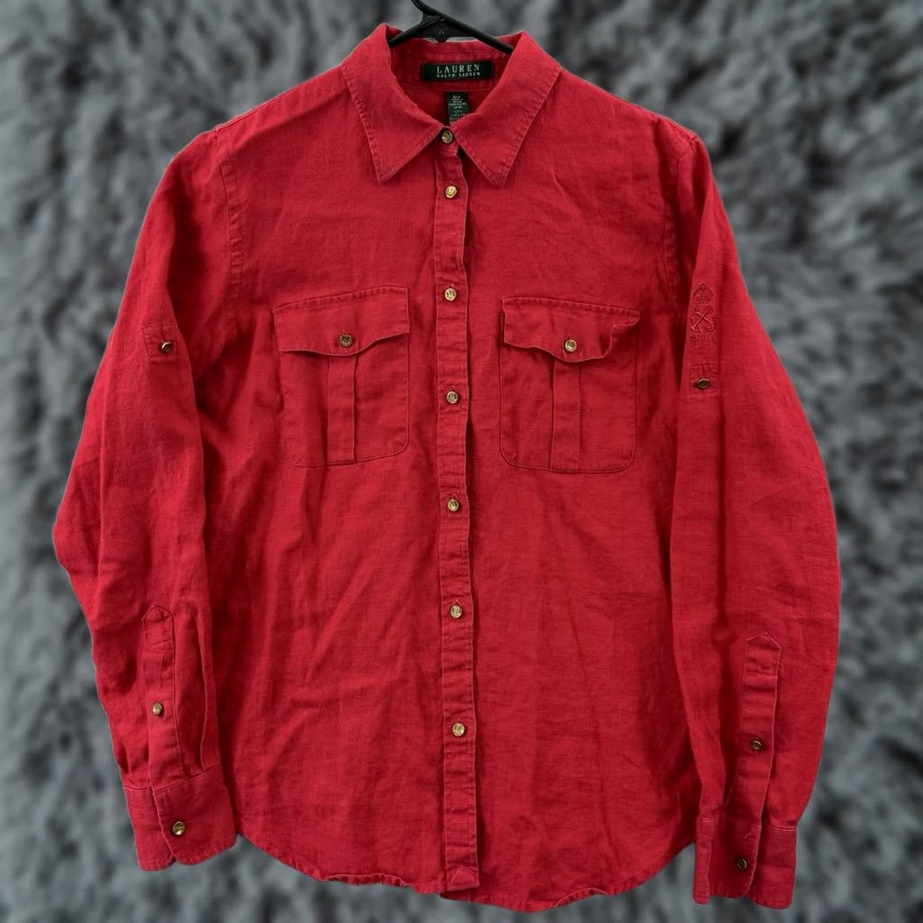 Ralph Lauren Lauren Ralph Lauren Shirt Women Small Red 100% Linen Button Long Sleeve Nautical Satin? Size S / US 4 / IT 40 - 1 Thumbnail