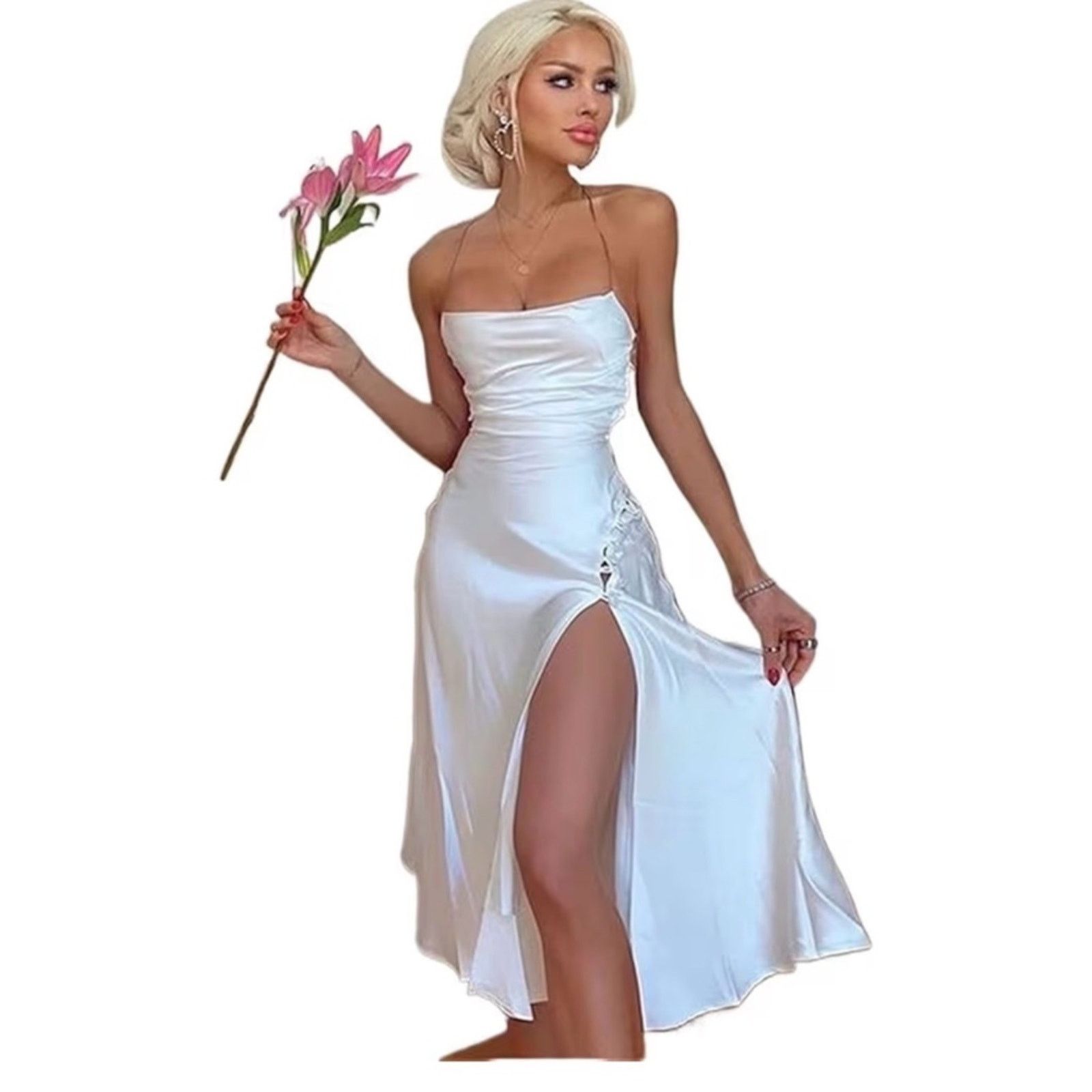 Other Beach Vacation Sleeveless White Satin Slit Midi Dress S Size S / US 4 / IT 40 - 1 Thumbnail