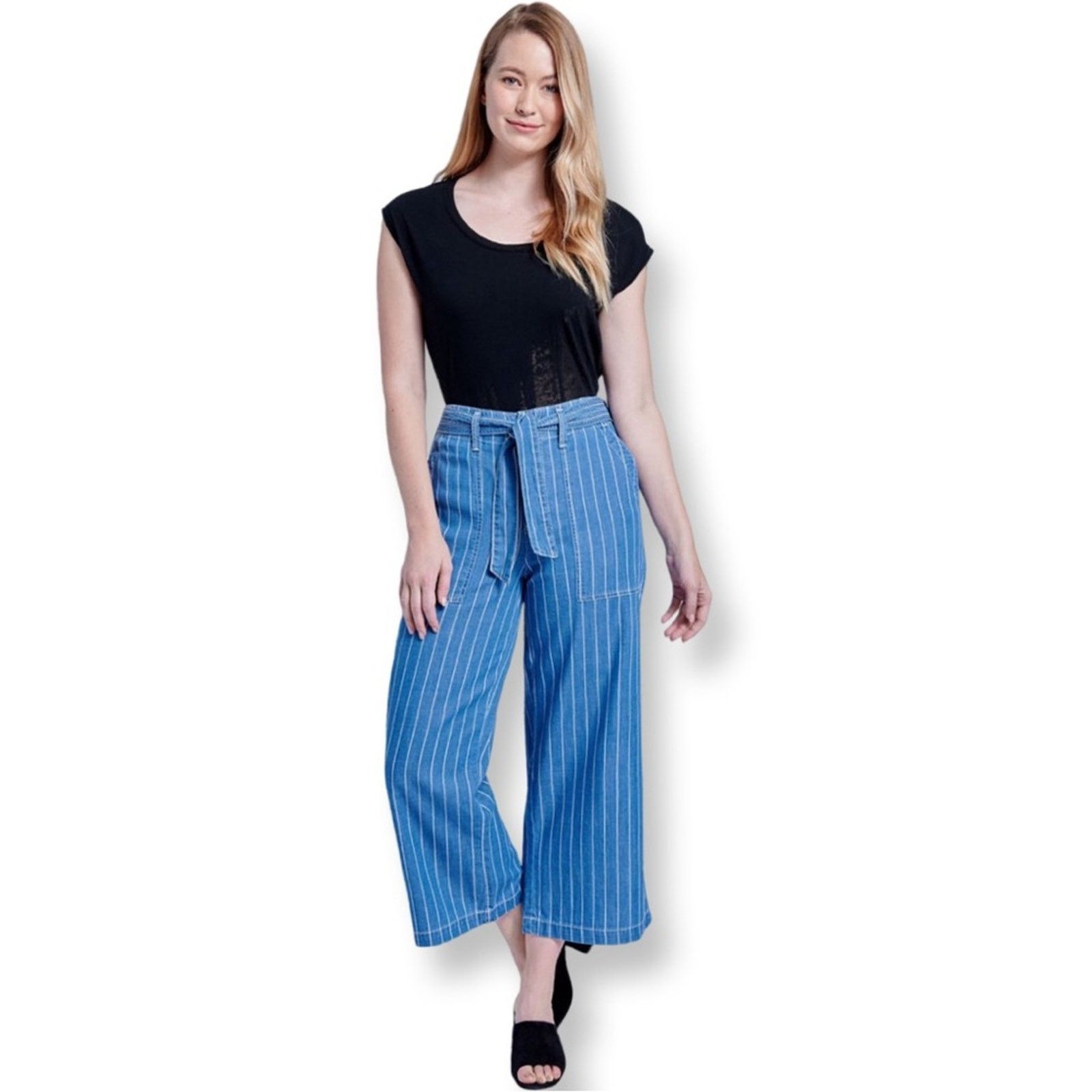 Seven 7 Seven7 Pinstripe Wide Leg Belted Crop Denim Pants Size 38" / US 16 / IT 52 - 1 Thumbnail
