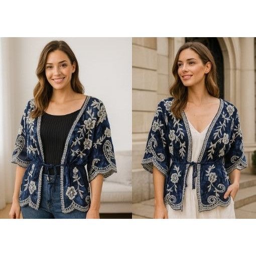 Other Blue & White Embroidered Tie-Front Kimono Cardigan One Size Size M / US 6-8 / IT 42-44 - 2 Thumbnail
