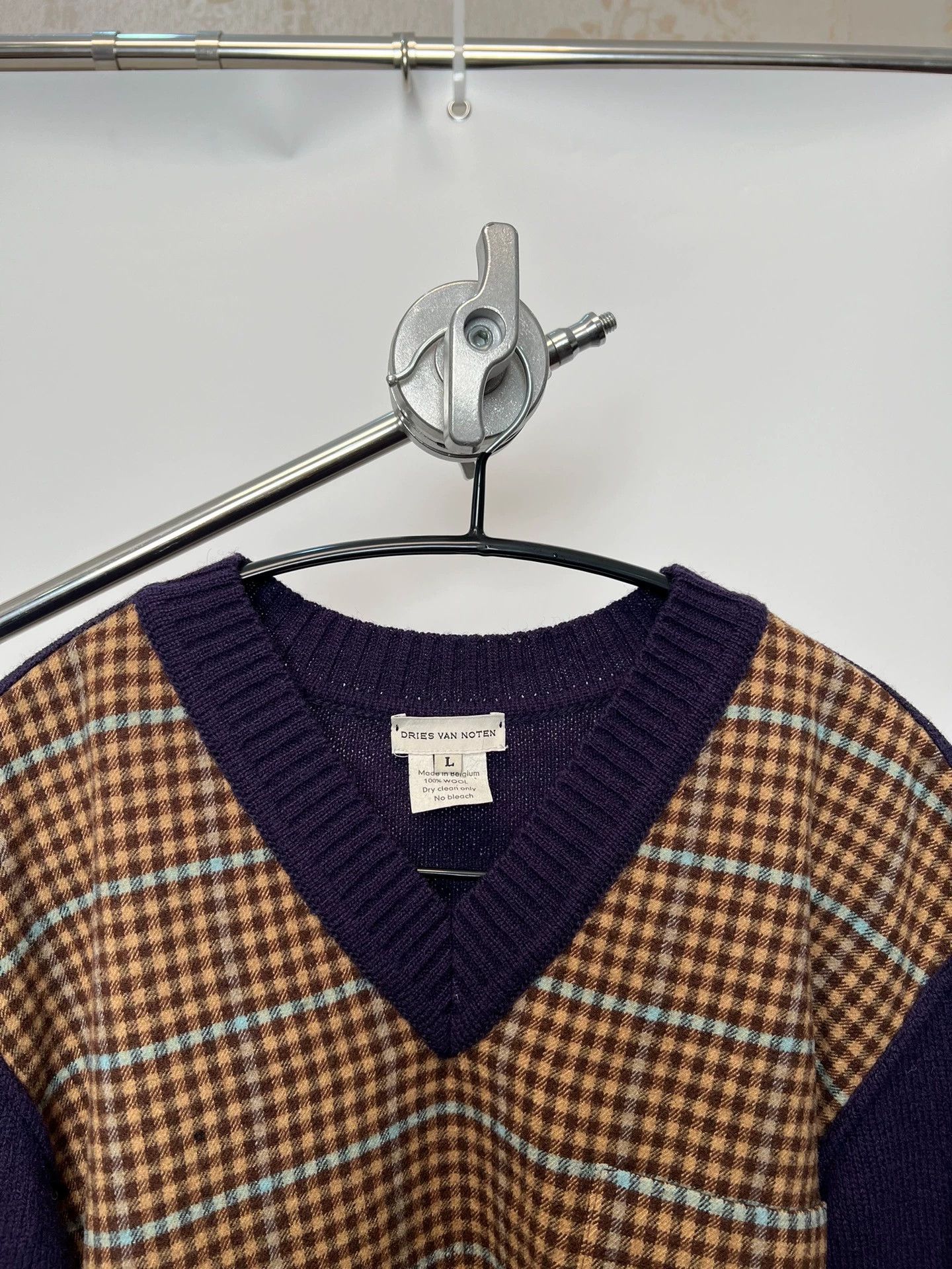 Dries Van Noten Dries Van Noten Check Purple Paneled Wool Sweater Size L / US 10 / IT 46 - 3 Thumbnail