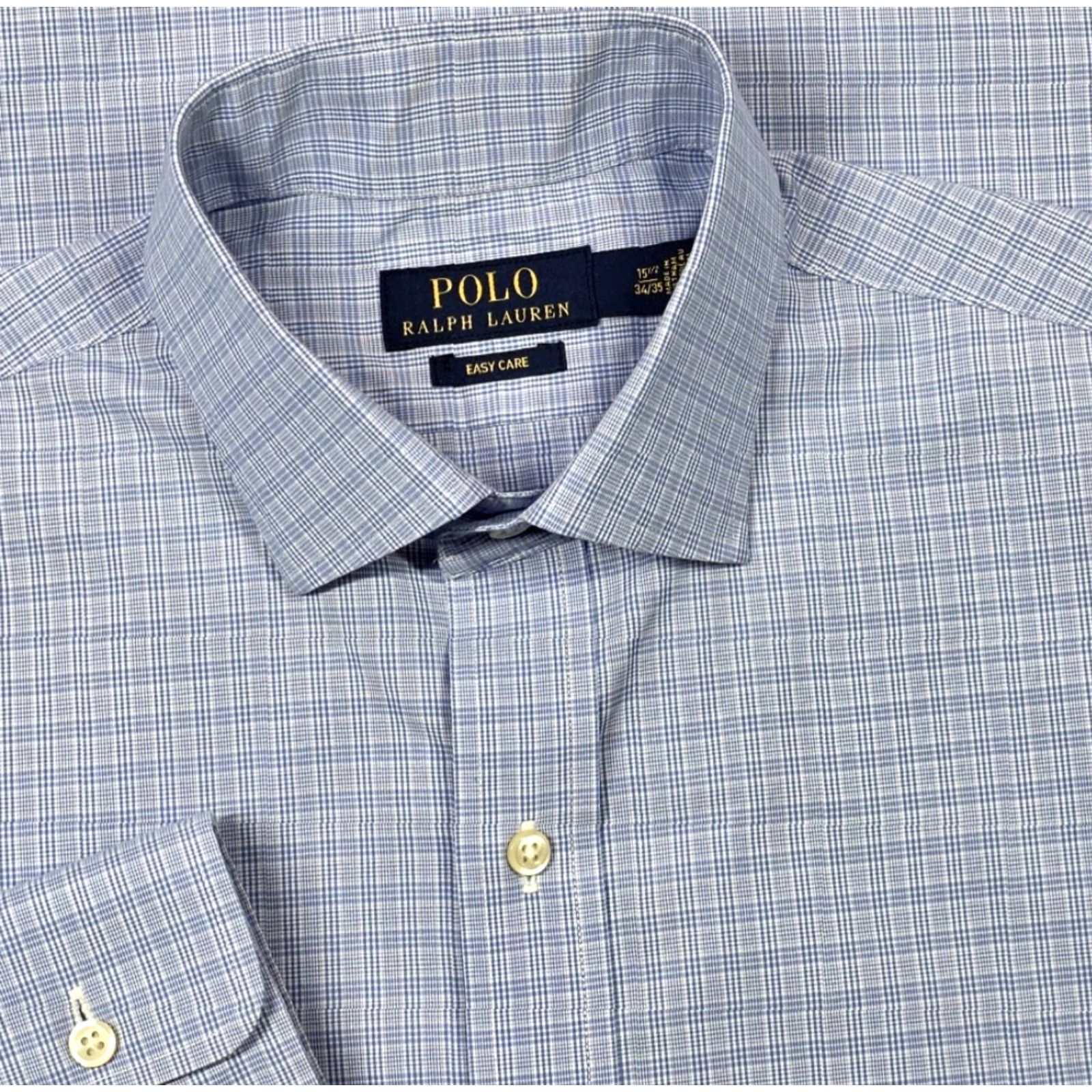 Polo Ralph Lauren Ralph Lauren Polo Dress Shirt Button Up Long Sleeve Houndstooth Plaid 15.5-34/35 Blue 100% Cotton Regular Men Shirt Mens Size 42R - 2 Thumbnail