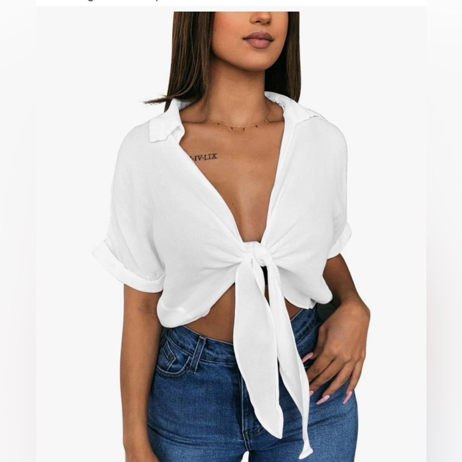 Other UK New Women's White Tie-Front Blouse size One Size Size S / US 4 / IT 40 - 1 Thumbnail