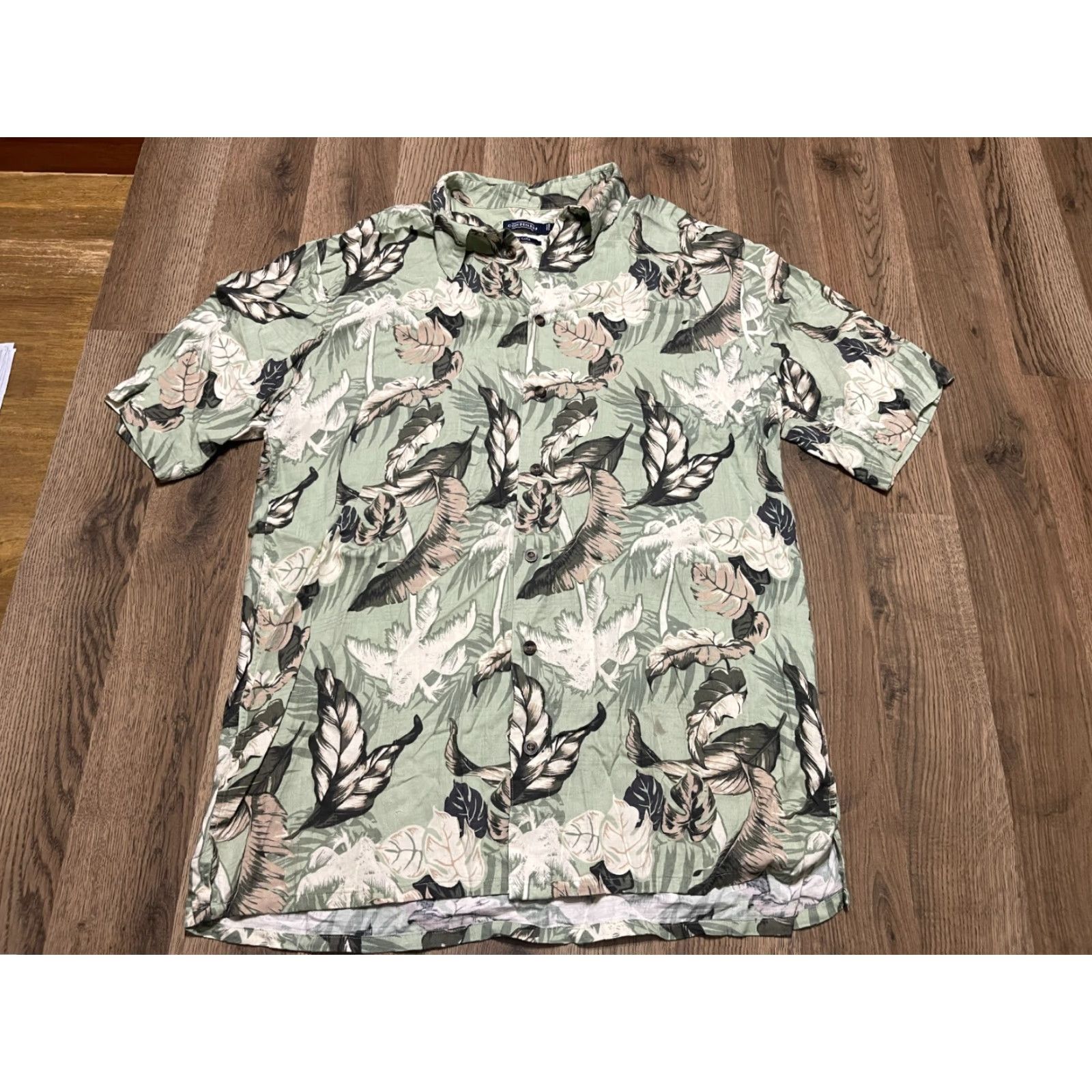 Vintage Consensus Button-Up Shirt, Men's Large Tall, Green Tan, Hawaiian, Casual Floral, Short Sleeve, Collared, Fall Spring Summer, Mens Size US L / EU 52-54 / 3 - 2 Thumbnail