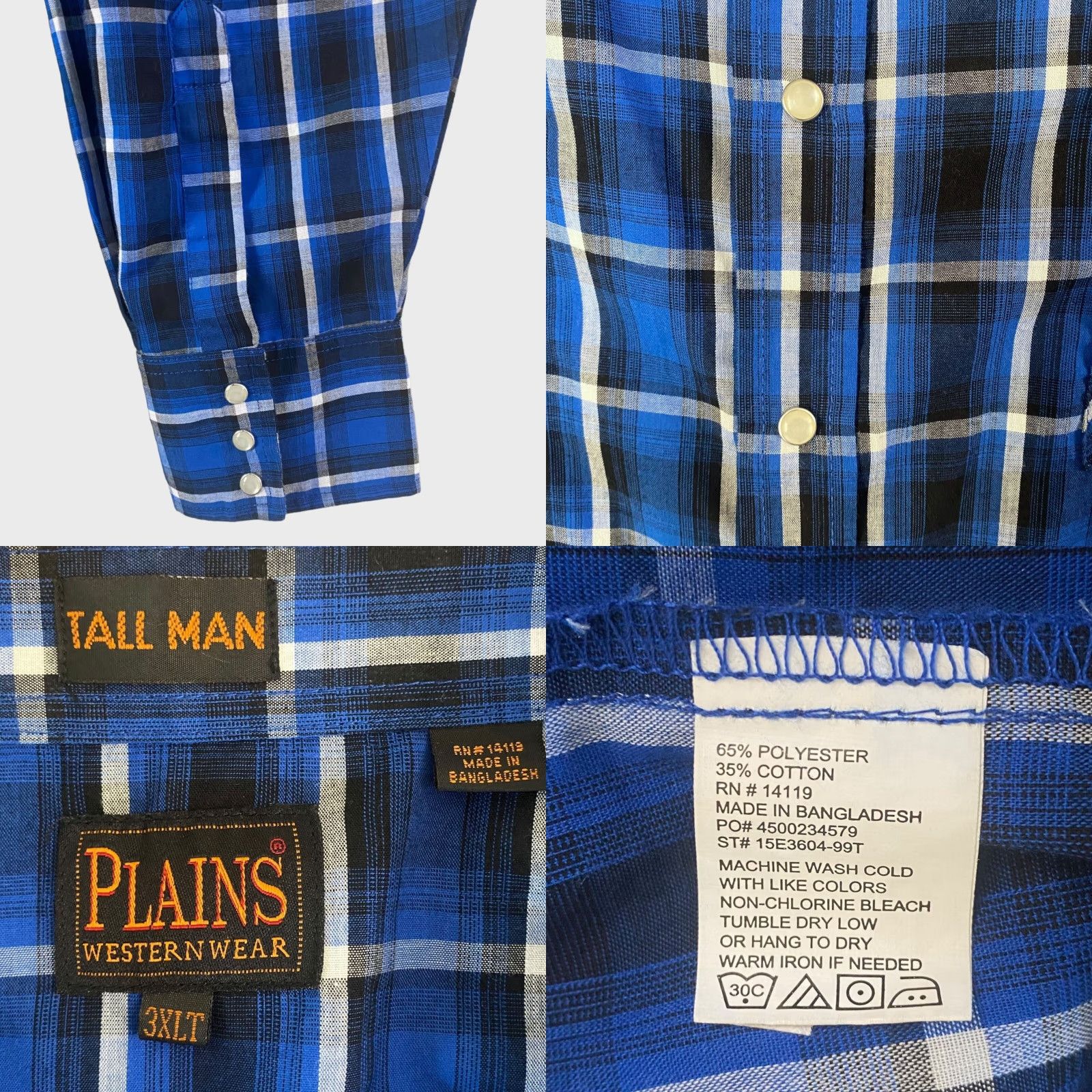 Vintage Plains Western Wear Button-Up Shirt Plaid Blue Long-Sleeve Mens 3XLT Snap Pocket Western Cotton Blend Swingo? Size US XXL / EU 58 / 5 - 8 Thumbnail