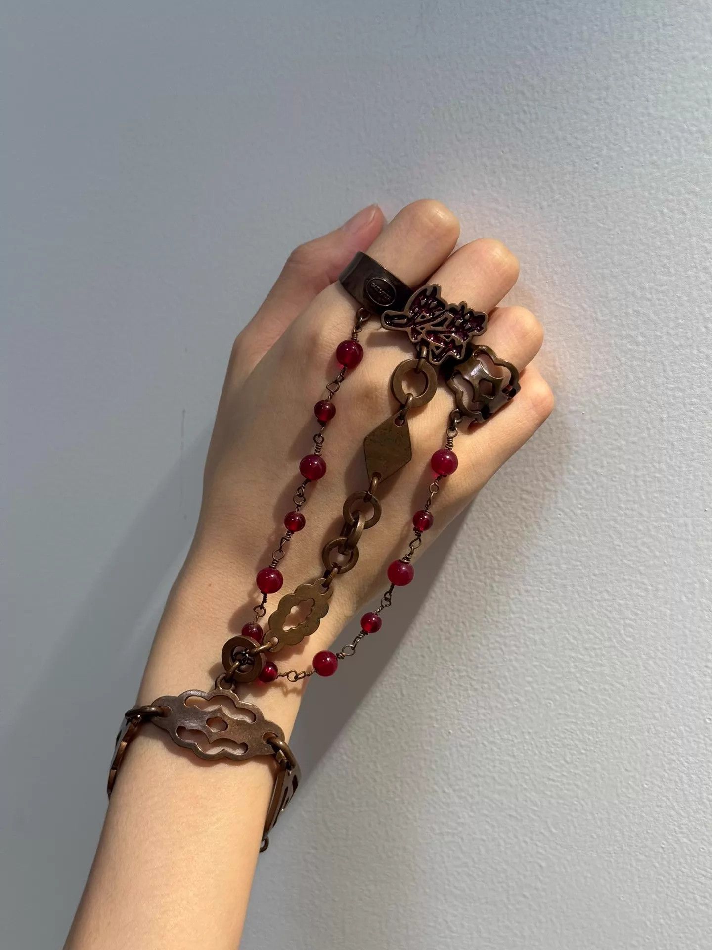 Jean Paul Gaultier JPG 3-in-1 open ring 9/10 antique brass oxidized red bead Size ONE SIZE - 1 Thumbnail
