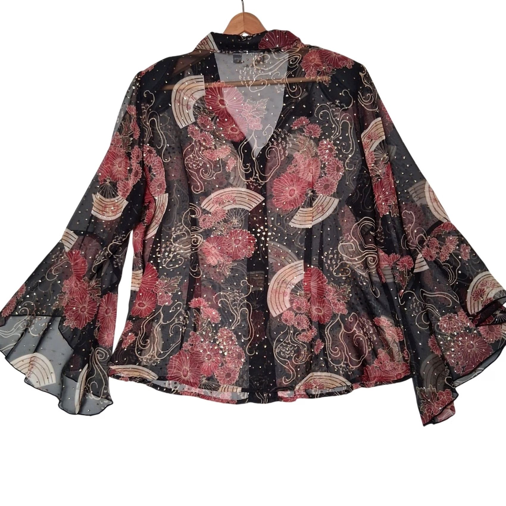 Vintage VINTAGE Dressbarn Blouse Plus Size 18/20 Sheer Black Metallic Gold Floral Bell Sleeve Size XXL / US 16-18 / IT 52-54 - 3 Thumbnail