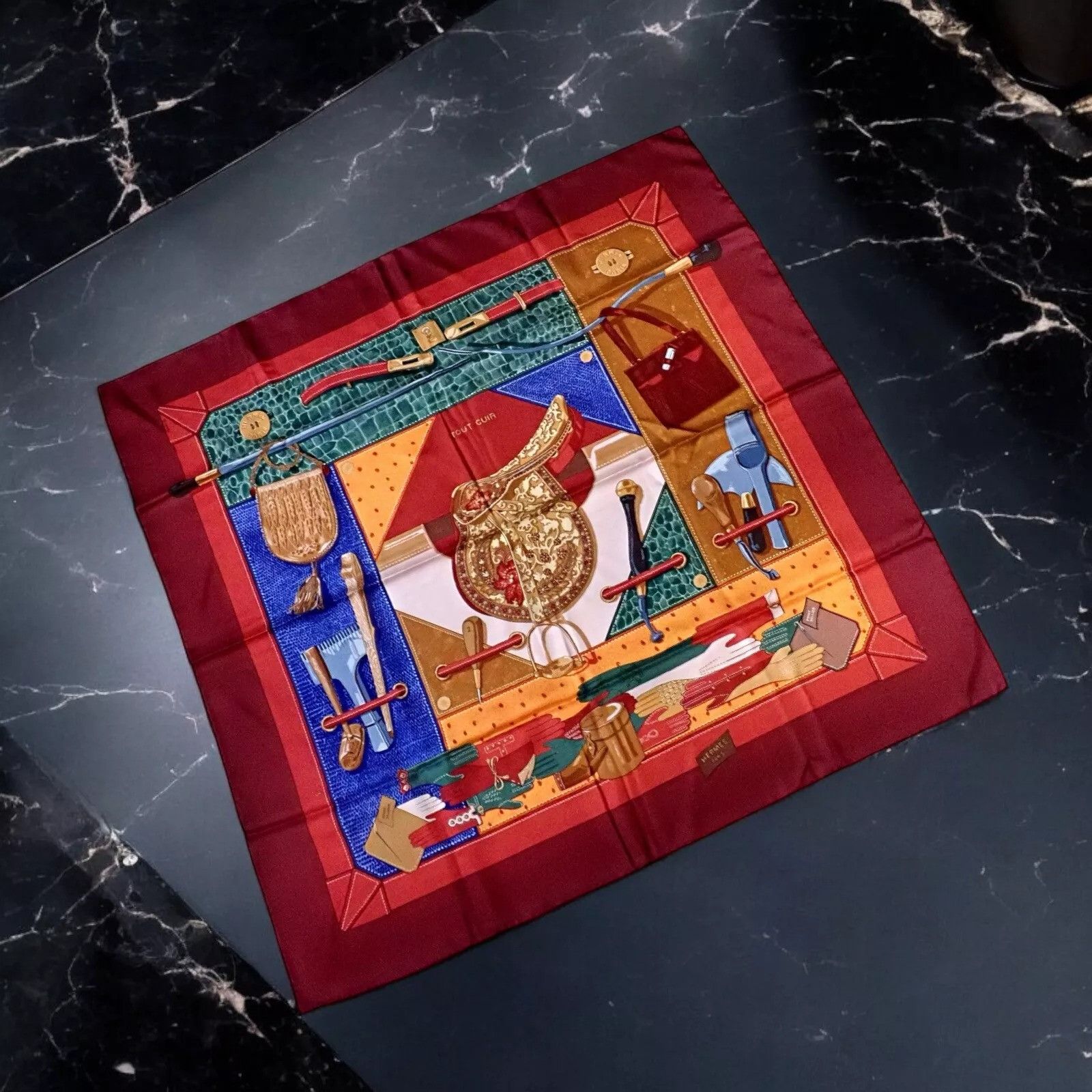 Hermes Hermes Brick Red Tout Cuir Vintage 90cm Silk Scarf Size ONE SIZE - 2 Thumbnail