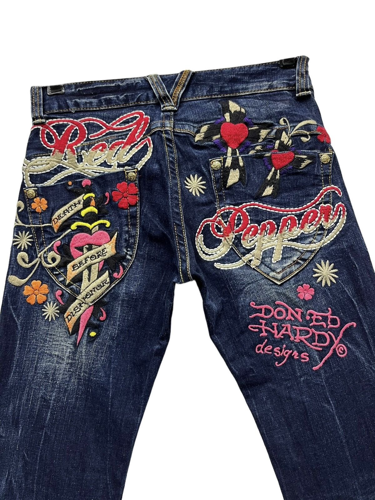 image of Fye Tattoo Wearred Pepper X Ed Hardy Stretched Denim Flare in Blue, Women's (Size 25)