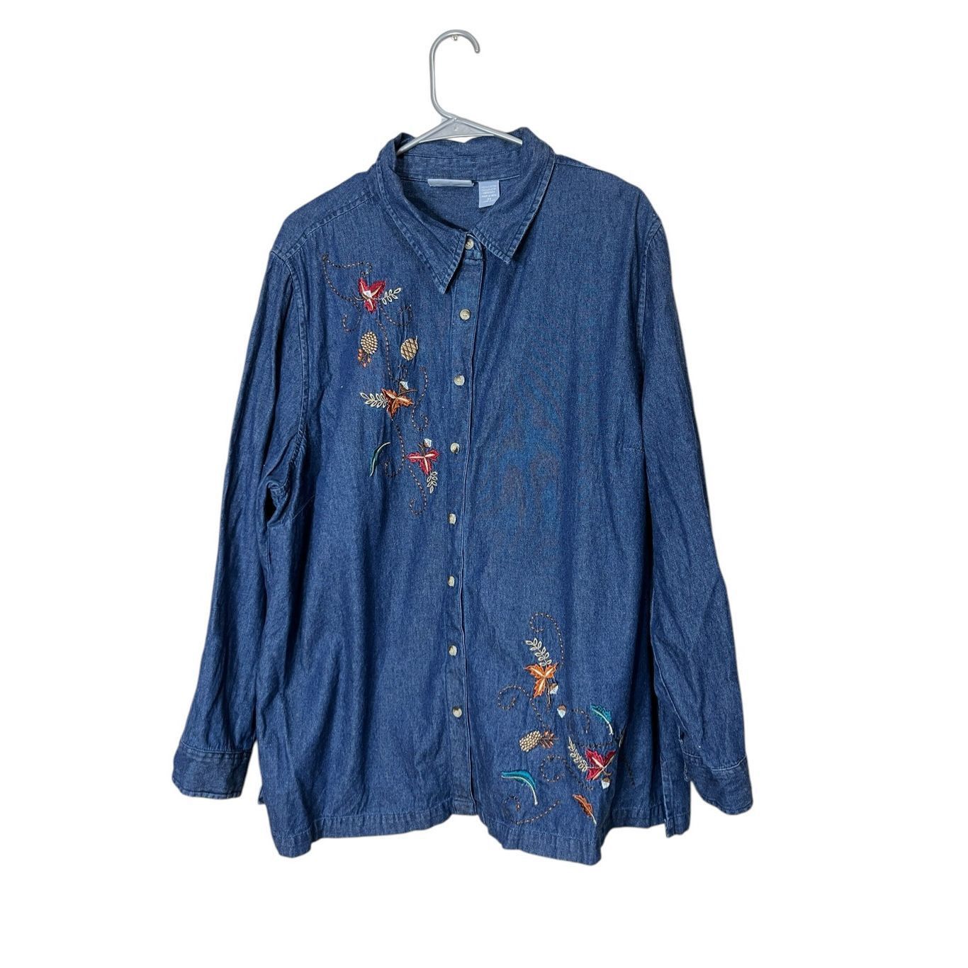 Other Vintage Liz & Me Fall Autumn Embroidered Leaves Denim Button Down Shirt Size 2X Size 3XL / US 20-22 - 1 Thumbnail