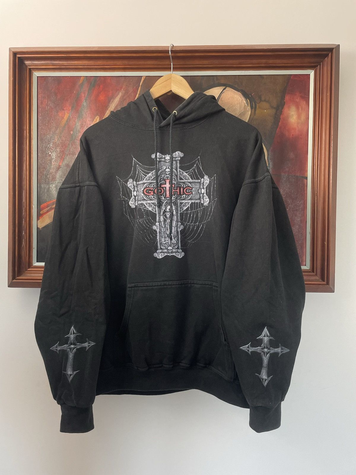 Vintage 90s Gothic Print Avant Garde Hoodie Death Spiderweb