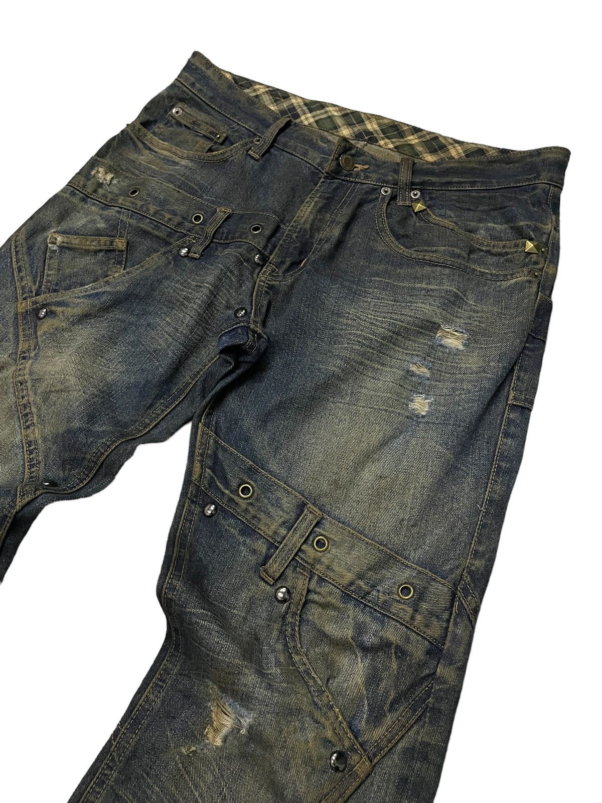 Hysteric Glamour × Levi's × Obelisk Levis 501 Asymmetrical Distressed Piercing Studded Mud Jeans Size US 32 / EU 48 - 11 Thumbnail
