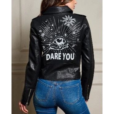 Other Black Punk Rock Graphic Studded Belted Vegan Leather Jacket Size M / US 6-8 / IT 42-44 - 7 Thumbnail