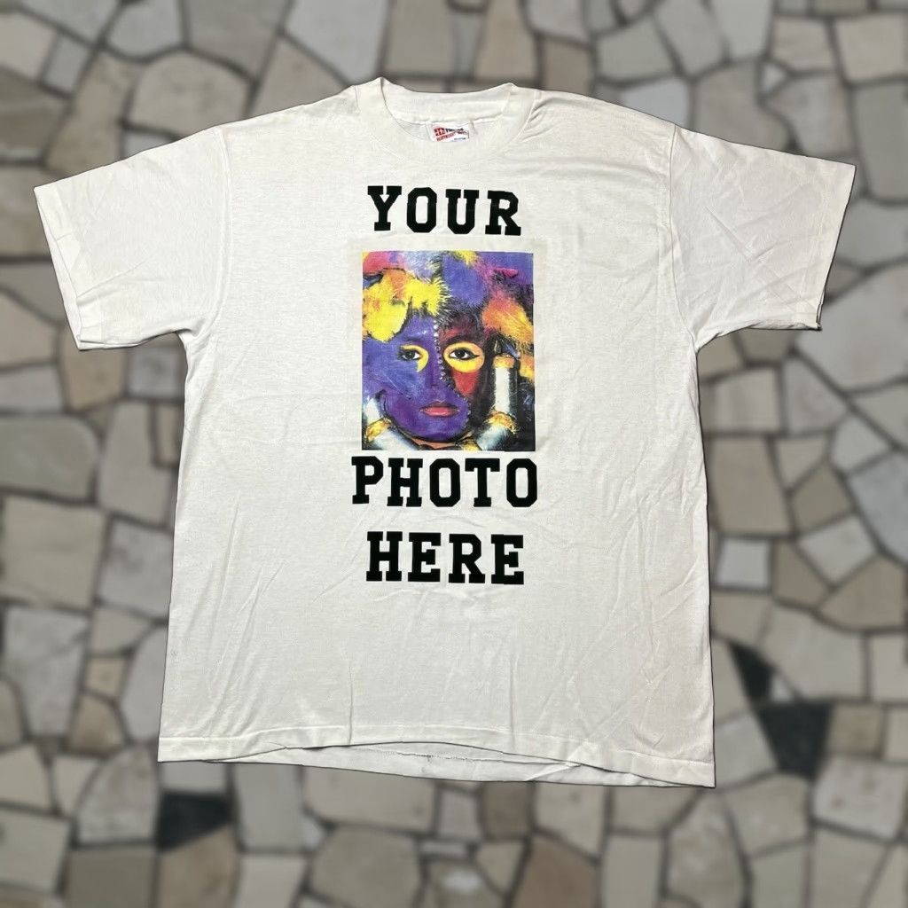 VINTAGE Hanes Heavyweight 50/50 T-Shirt Shirt Short Sleeve White Large Men Regular Graphic Print Your Photo Here Custom Design Display Designer