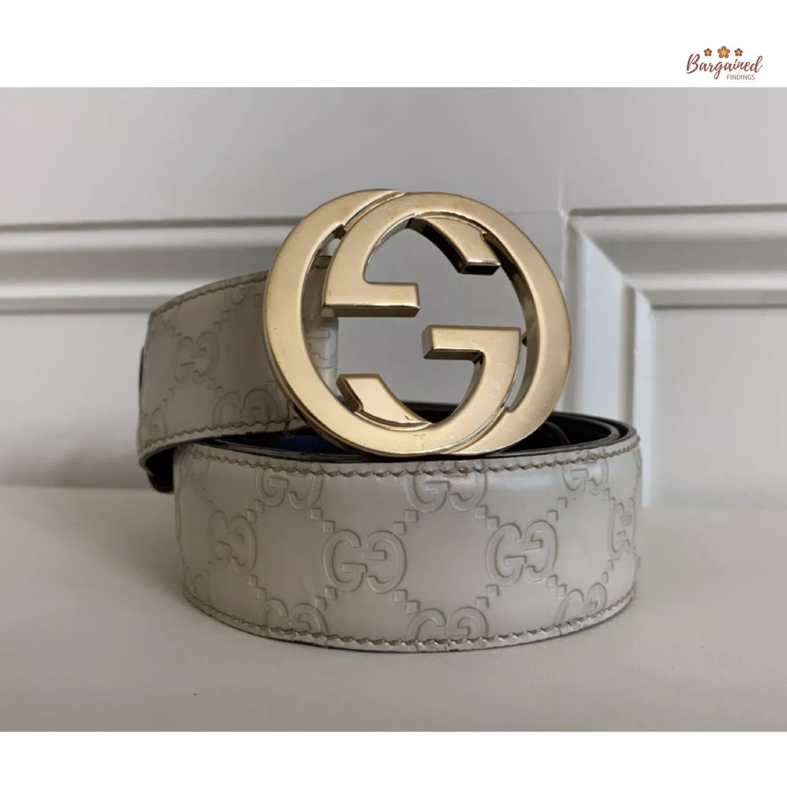 Authentic Gucci Guccissima Interlocking G Cream Ivory Belt 85 Gucci Cream Guccissima Leather Gold Interlocking G Buckle Belt main image 4