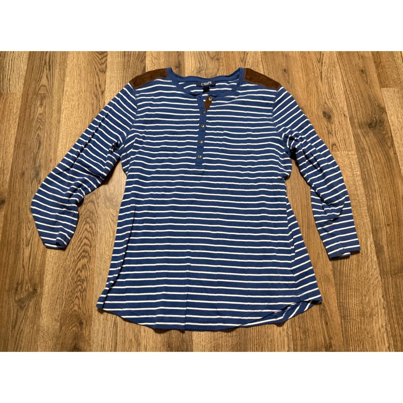 Chaps VINTAGE CHAPS Shirt Women’s Large White Blue Brown Striped Long Sleeve 3/4 Button Size L / US 10 / IT 46 - 2 Thumbnail