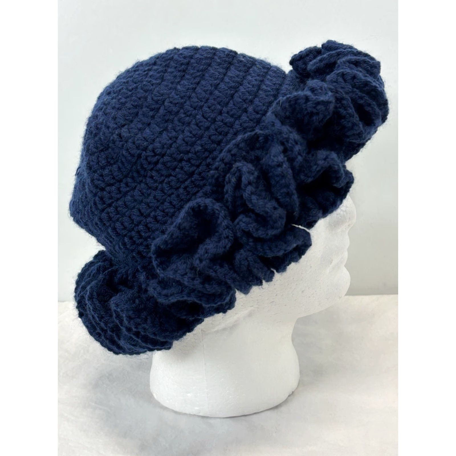 Vintage VINTAGE Handmade Crochet Bucket Hat Ruffle Brim Navy Blue One Size Floppy Funky Indie Women Boho Hippie Retro Casual Size ONE SIZE - 5 Thumbnail