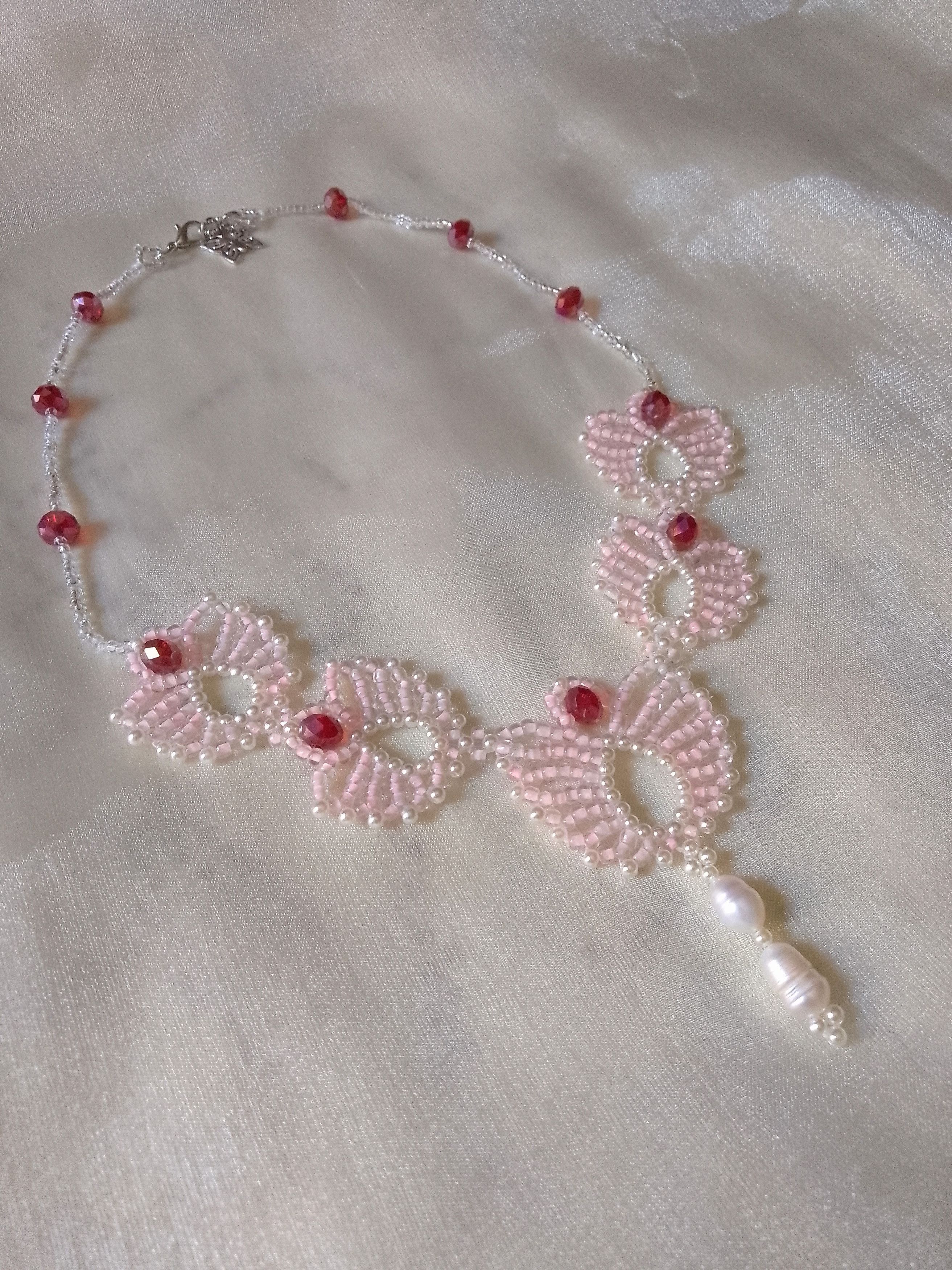 Handmade Necklace Pink lotus flowers with crystal& freshwater pearls Size ONE SIZE - 12 Thumbnail