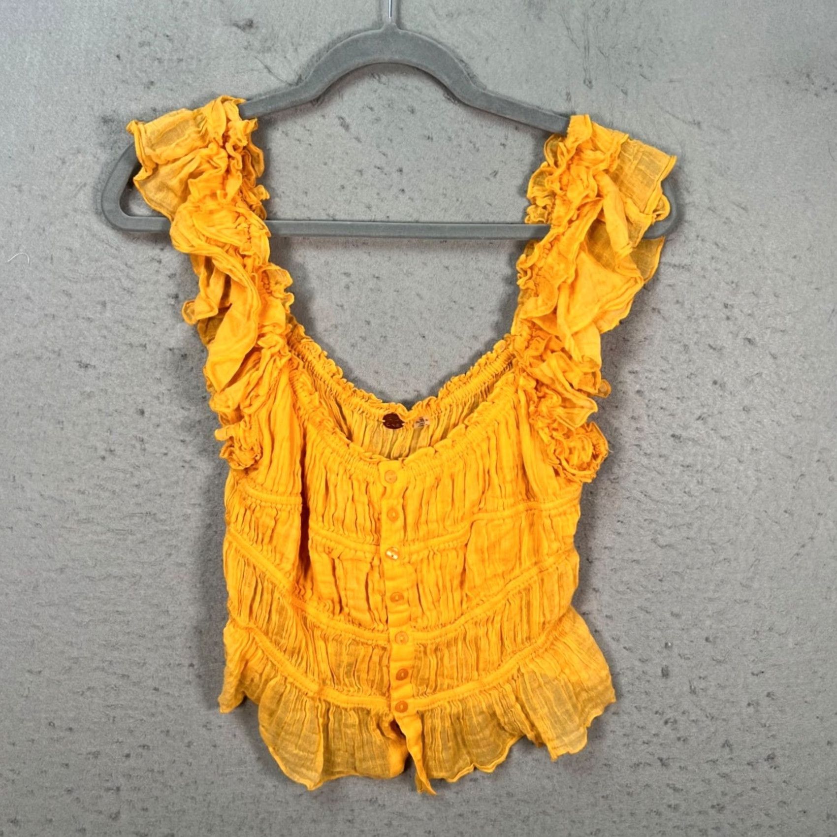 Free People Free People Blouse Shirt Womens L Yellow Ruffle Smocked Sleeveless Button Front Bohemian Summer Spring Size L / US 10 / IT 46 - 2 Thumbnail