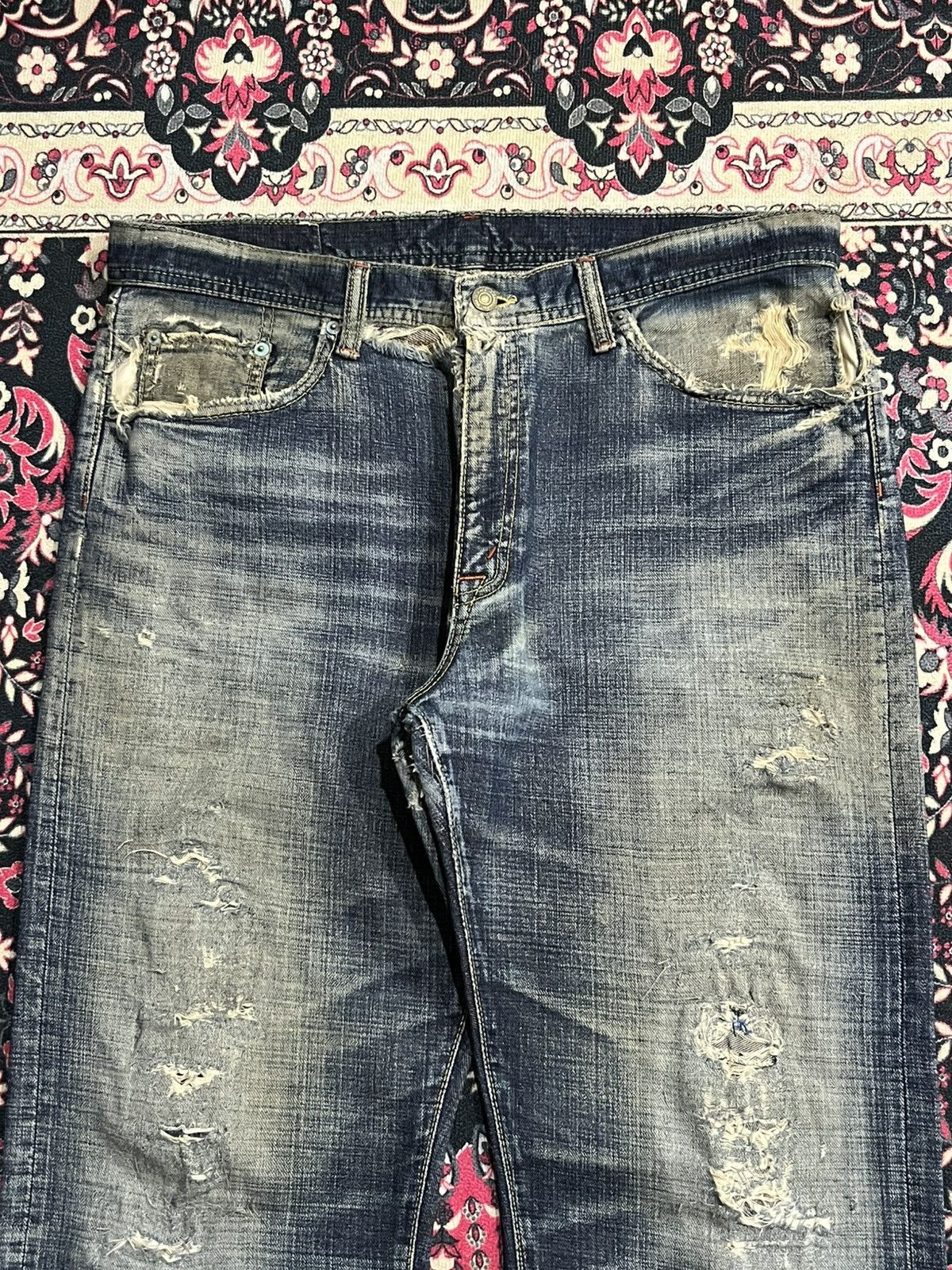 Vintage GL Heart Trashed Blue Faded Washed Loose Straight Jeans Size US 36 / EU 52 - 4 Thumbnail