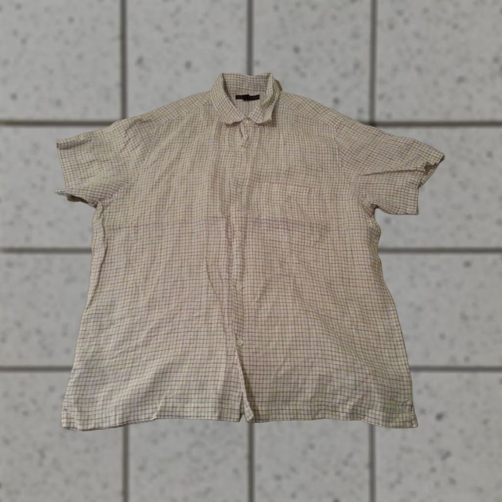 Banana Republic Mens Banana Republic Dress Shirt L Large Cream Linen Button Short Sleeve Size 42R - 1 Thumbnail